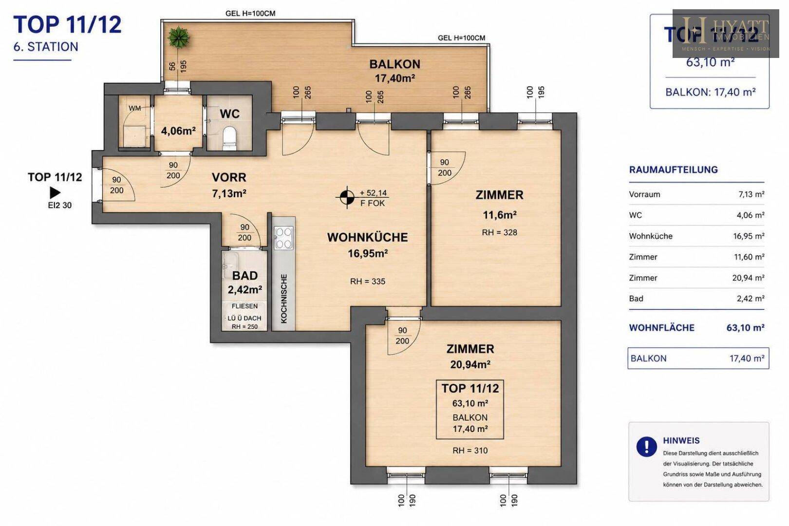 Detaillierter Grundriss einer Wohnung mit Wohnküche, drei Zimmern und großem Balkon.