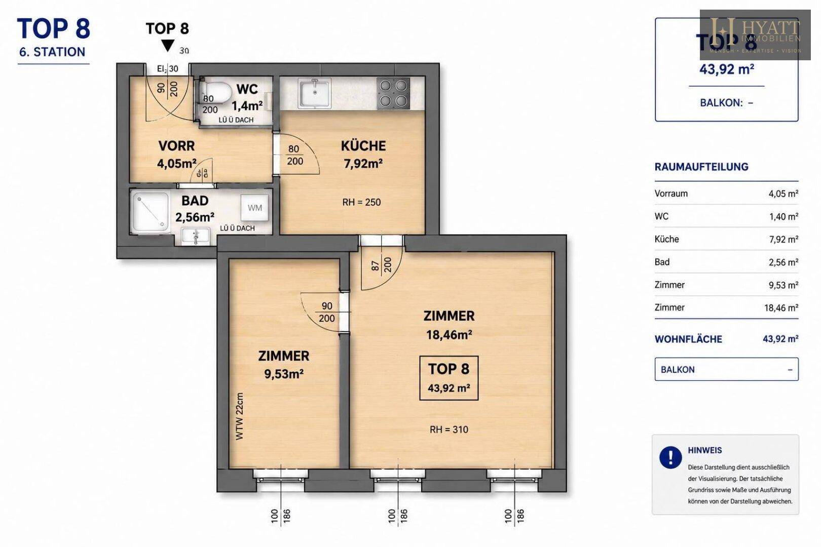 Detaillierter Grundriss einer Wohnung mit zwei Zimmern, Küche, Bad und separatem WC.