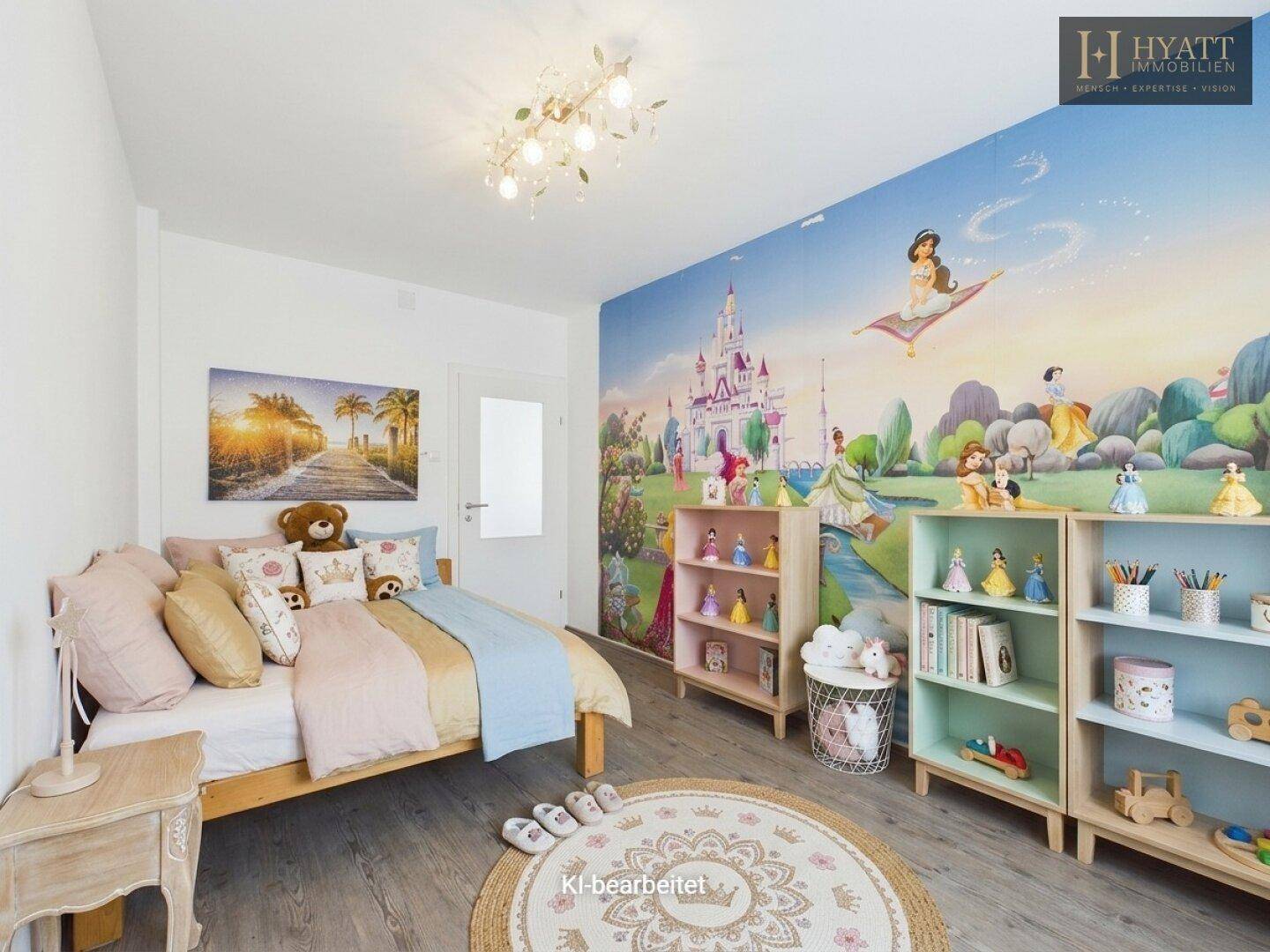 Farbenfrohes Kinderzimmer mit Prinzessinnen-Wandbild, Holzbett und Spielzeugregalen.