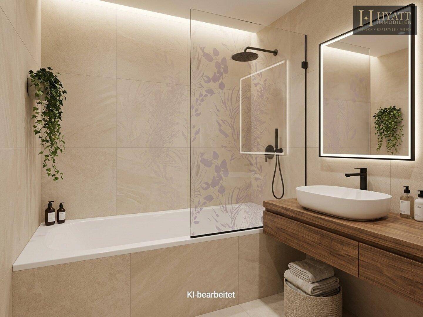 Modernes Badezimmer mit Badewanne, Dusche, Holzwaschtisch und beigefarbenen Fliesen.