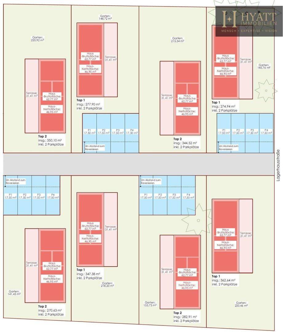 Übersichtliche Grundrisse für mehrere Wohneinheiten mit Terrassen und Gartenbereichen.