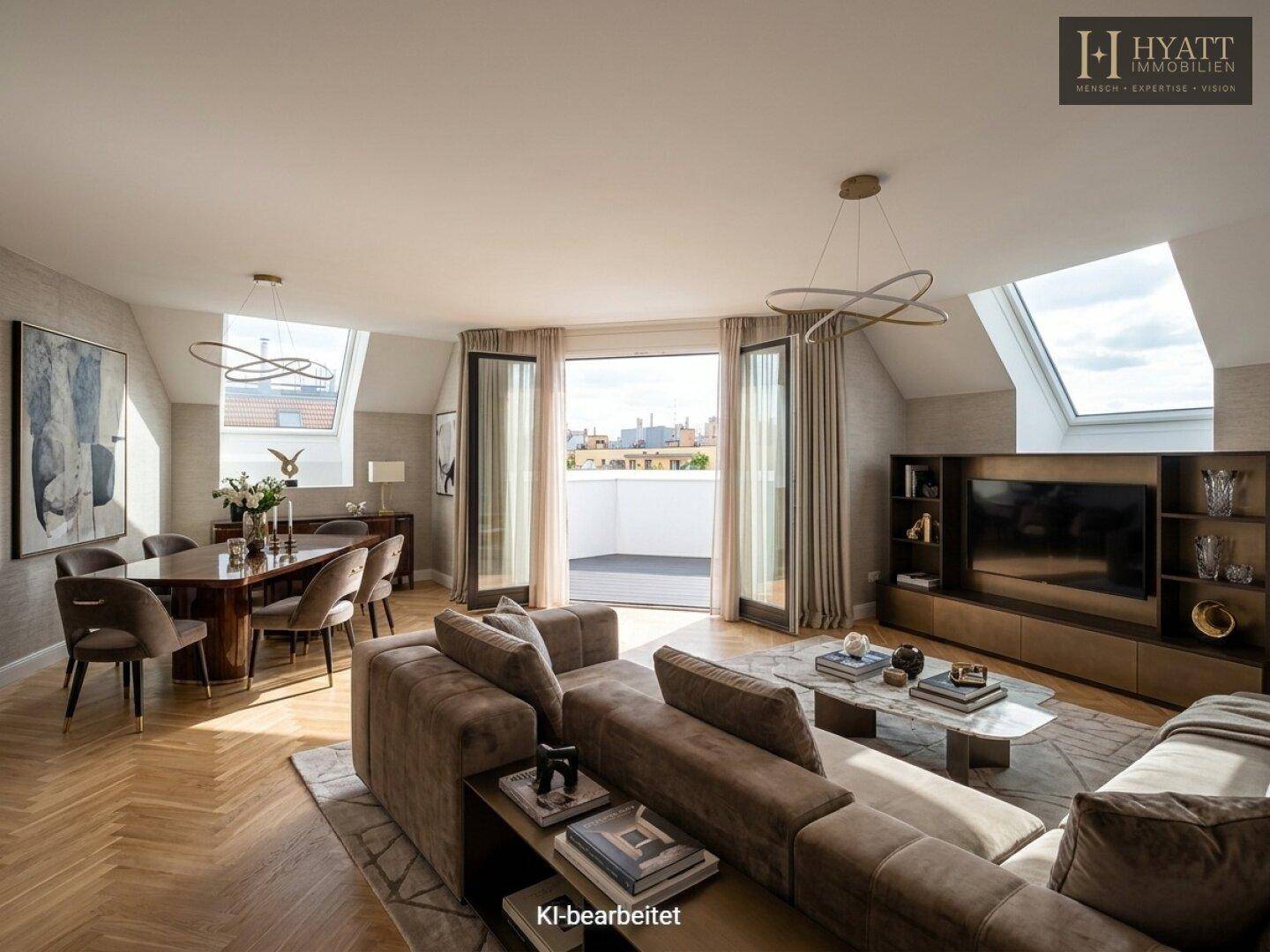 Modernes Wohn-Esszimmer mit Fischgrätparkett, Dachfenstern und Zugang zur Terrasse.