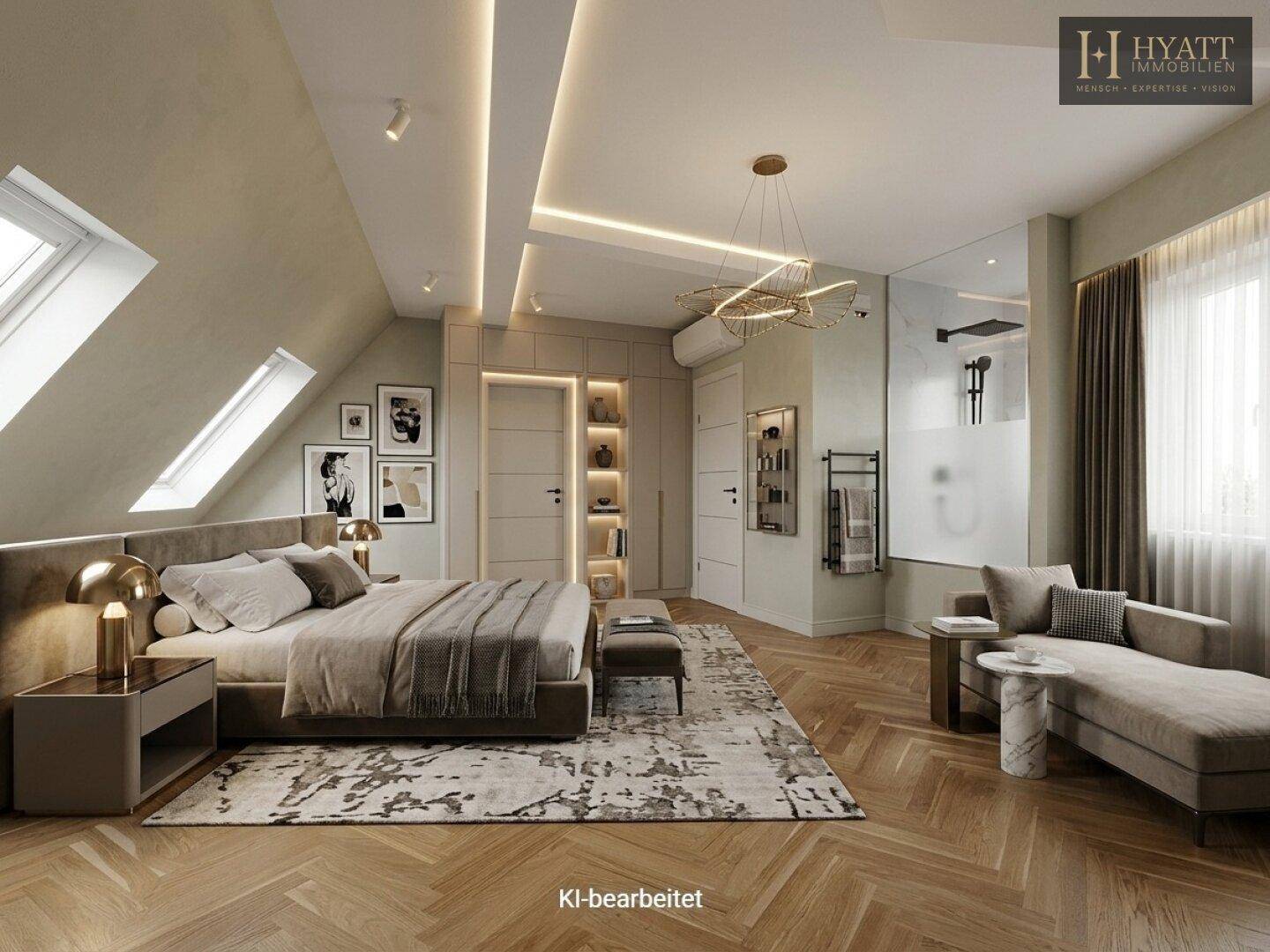 Luxuriöses Schlafzimmer mit integriertem Duschbereich, Dachfenstern und Holzboden.