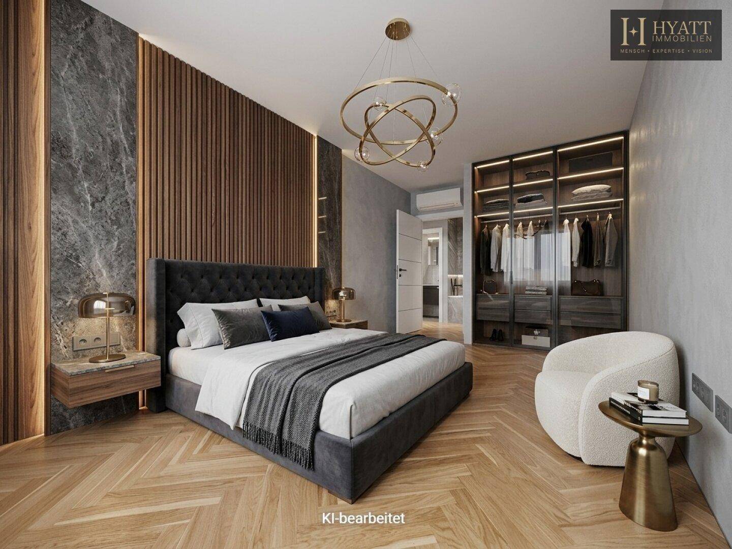 Elegantes Schlafzimmer mit Holzboden, integriertem Kleiderschrank und stilvoller Beleuchtung.