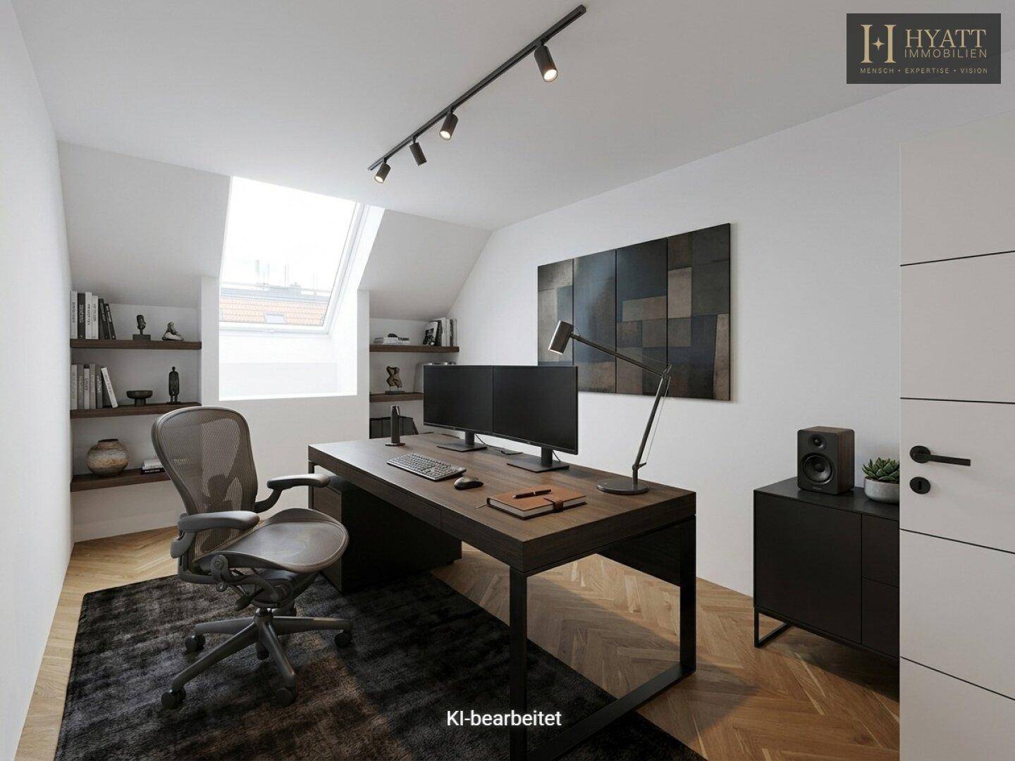 Modernes Arbeitszimmer mit Dachfenster, Holzboden und minimalistischer Einrichtung.