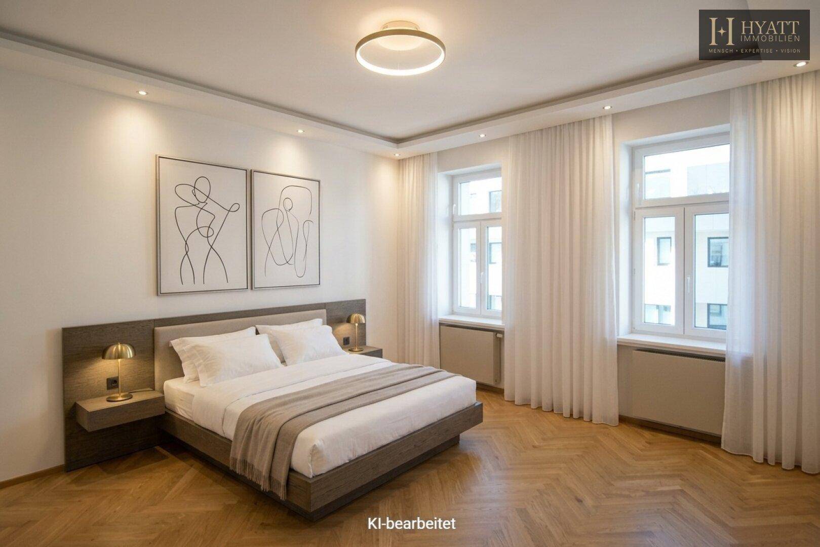 Modern eingerichtetes Schlafzimmer mit Doppelbett, Fischgrätparkett und großen Fenstern.
