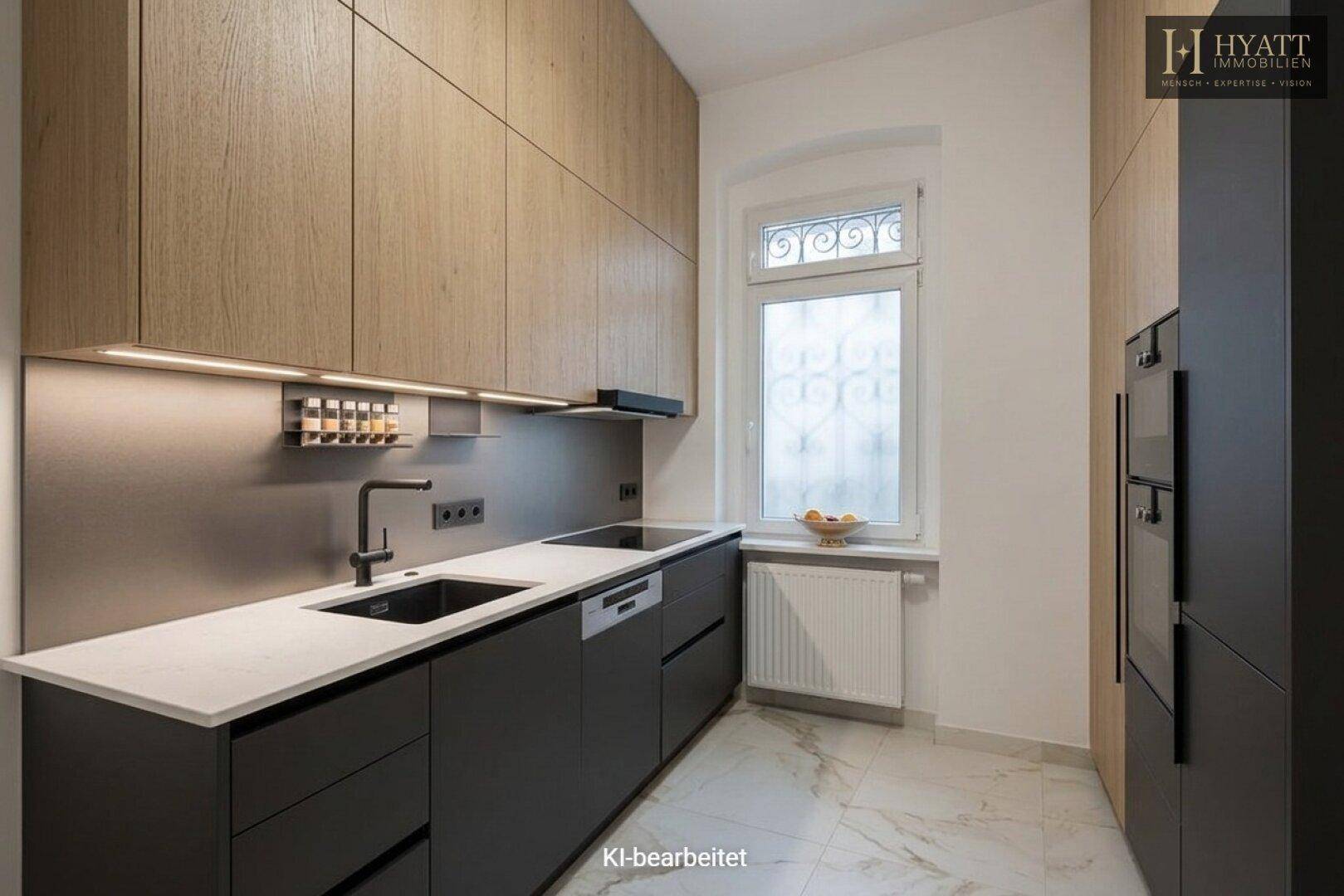 Moderne Küche mit Holz- und Anthrazitfronten, integrierten Geräten und Marmorfliesenboden.