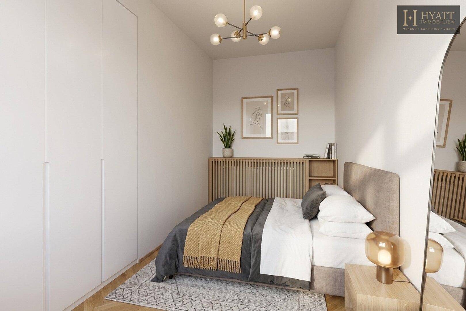 Modernes Schlafzimmer mit Einbauschränken, Fischgrätparkett und stilvoller Beleuchtung.