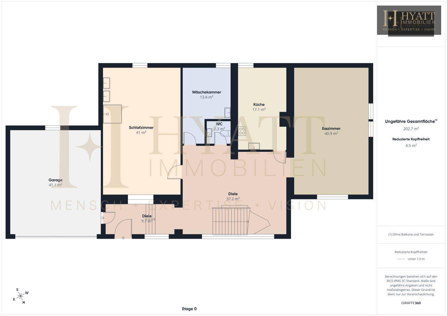 Grundriss des Erdgeschosses mit Schlafzimmer, Waschküche, WC, Küche, Esszimmer und Garage.