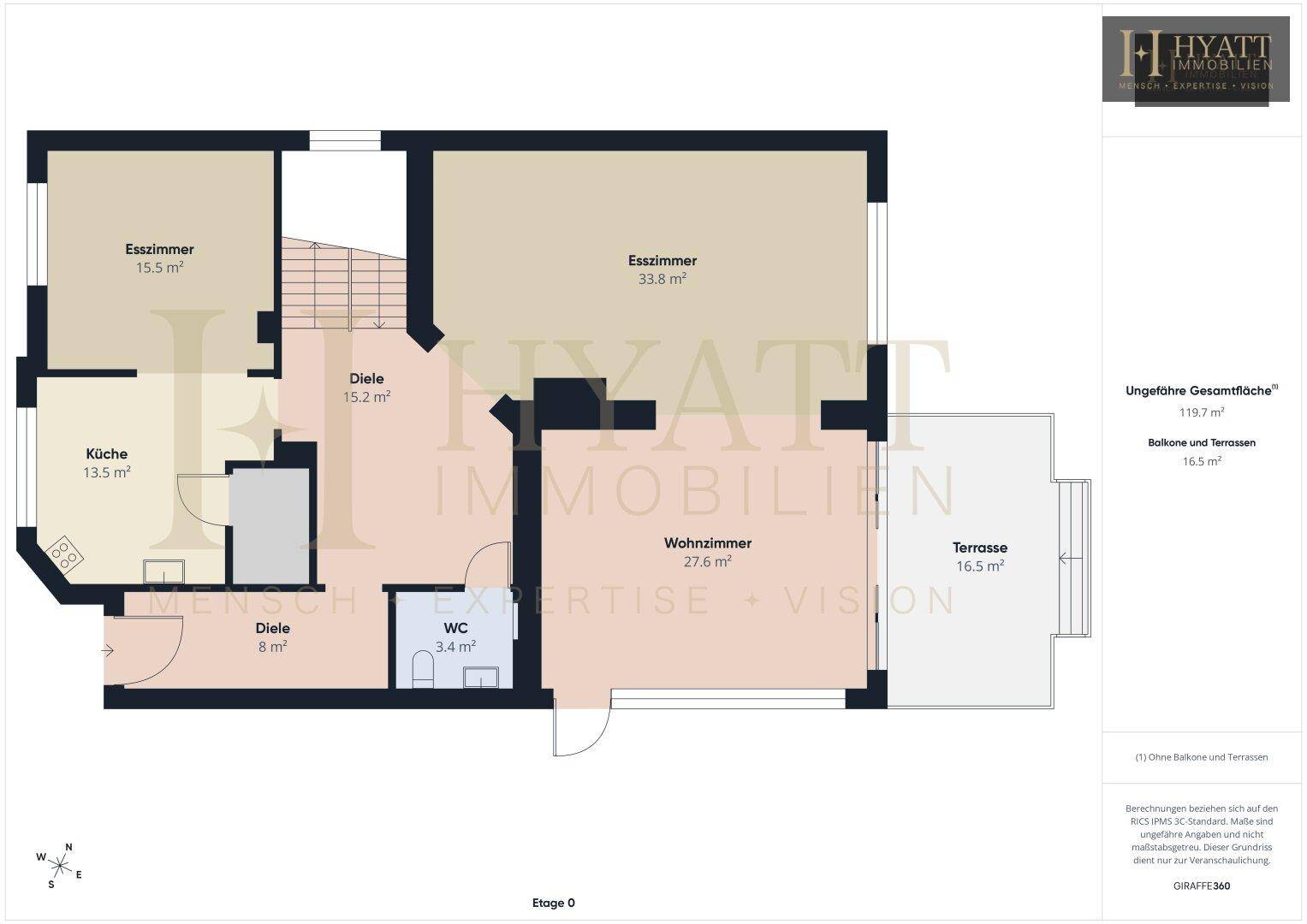 Grundriss des Erdgeschosses mit Küche, Wohnzimmer, Esszimmer, WC und Terrasse.