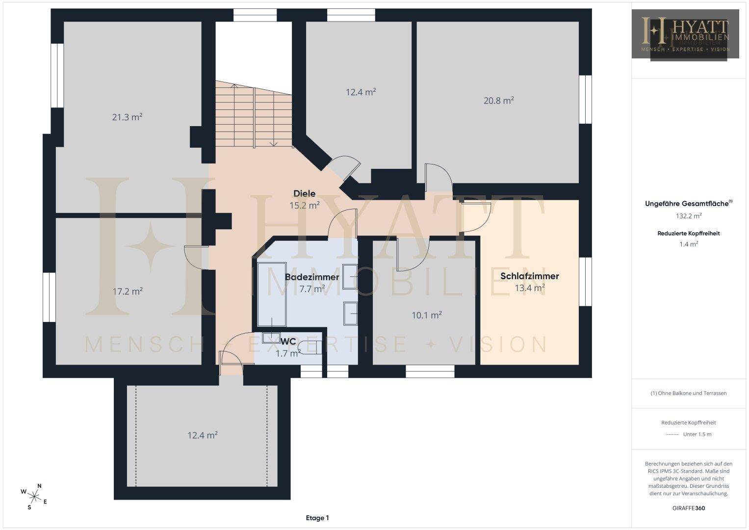 Grundriss des Obergeschosses mit Schlafzimmern, Badezimmer und WC.