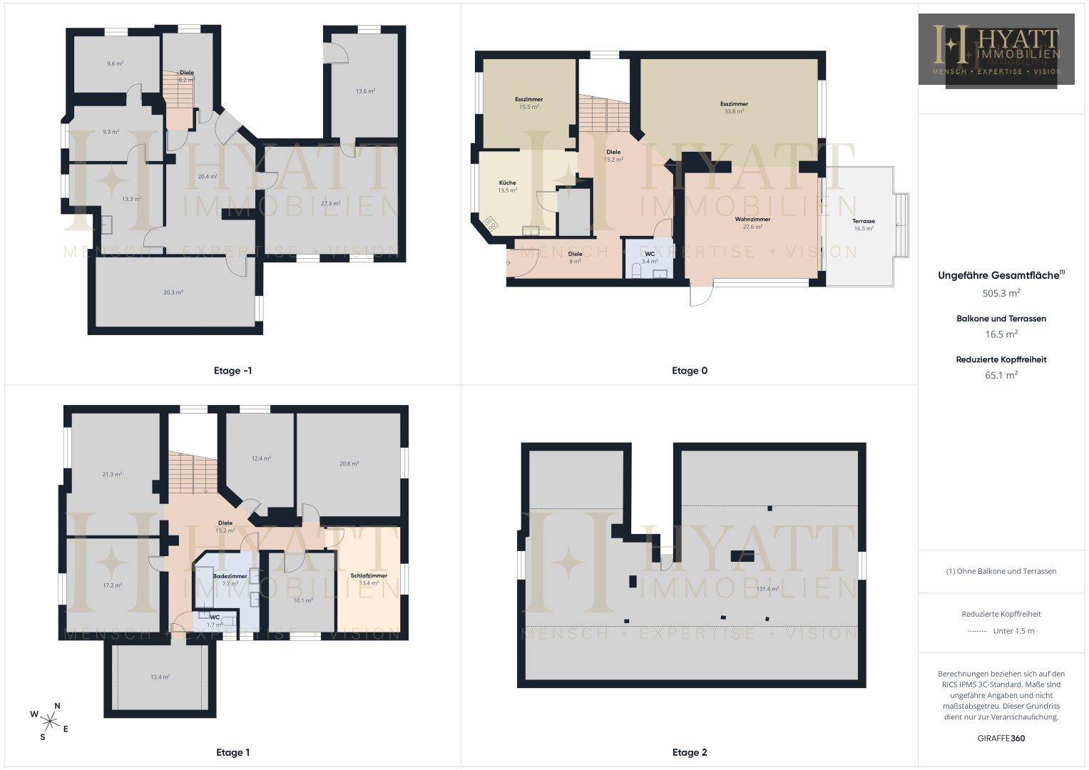 Detaillierter Grundrissplan über vier Etagen, inklusive Keller, Erdgeschoss mit Terrasse und Obergeschossen.