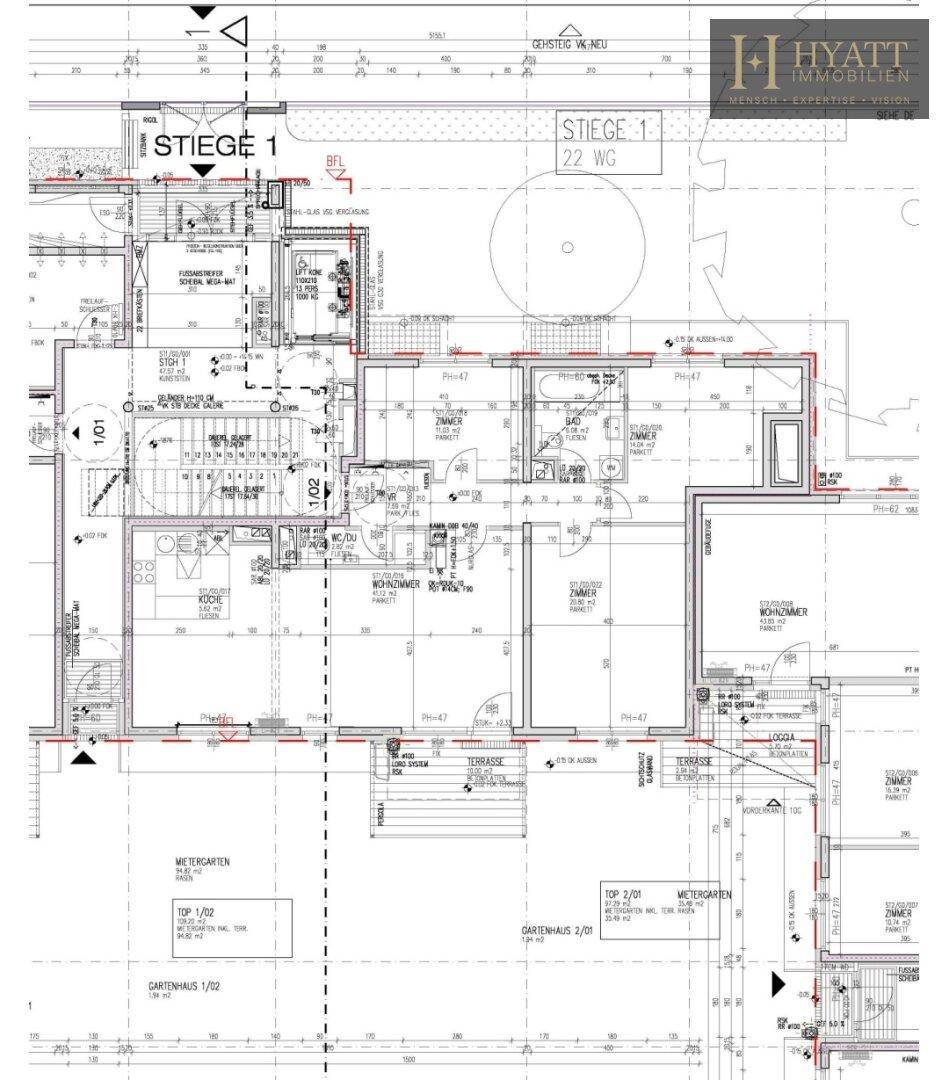 Detaillierter Grundriss einer Wohneinheit mit Küche, Wohnzimmer, Schlafzimmern, Bädern, Terrasse und Loggia.
