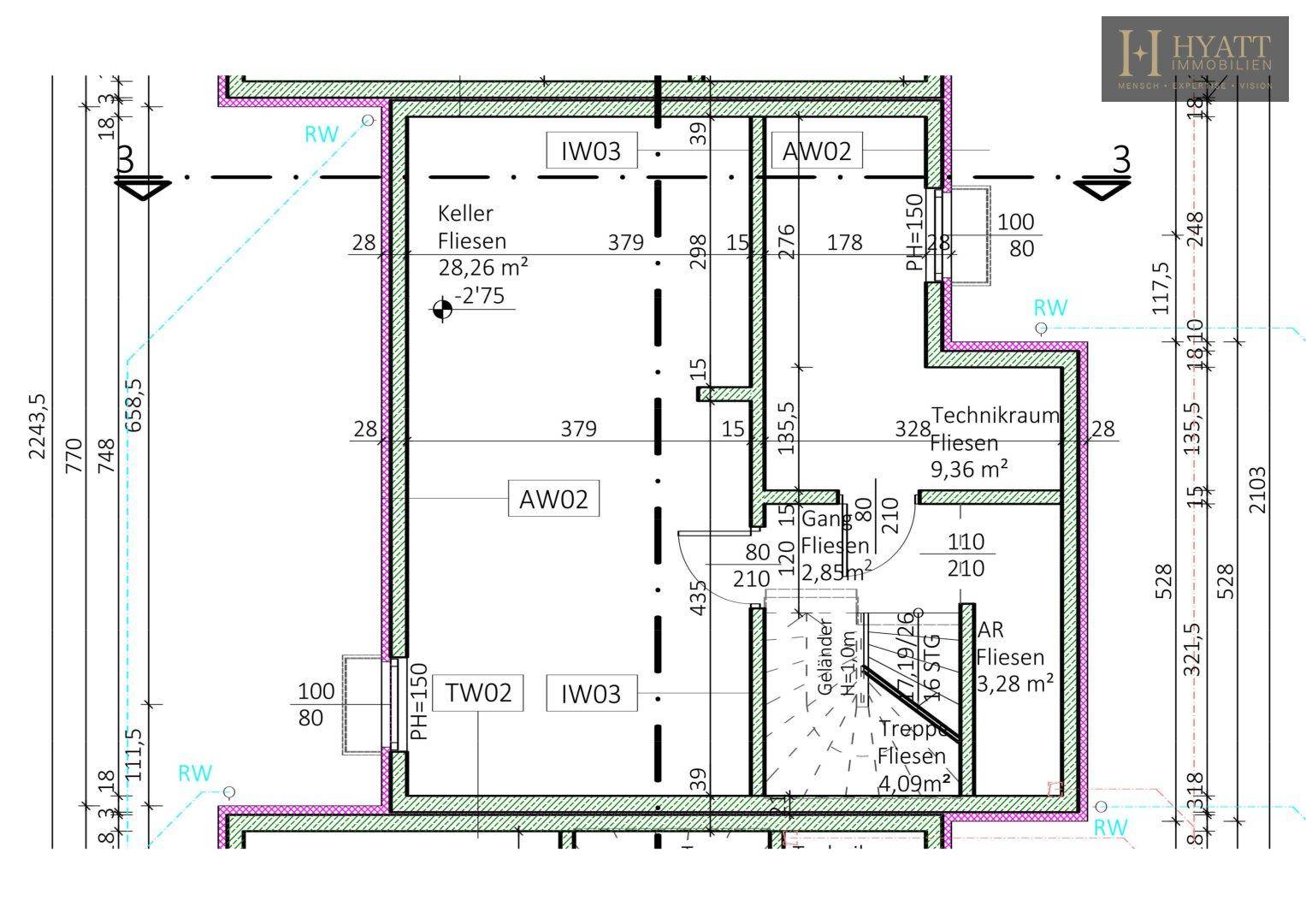 Grundriss des Kellergeschosses mit Technikraum, Keller und Abstellraum.