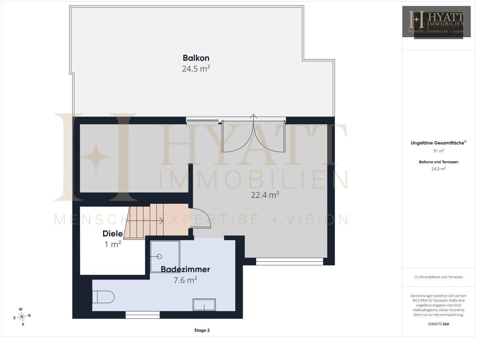 Grundriss der zweiten Etage mit Balkon, Badezimmer und Wohnbereich.