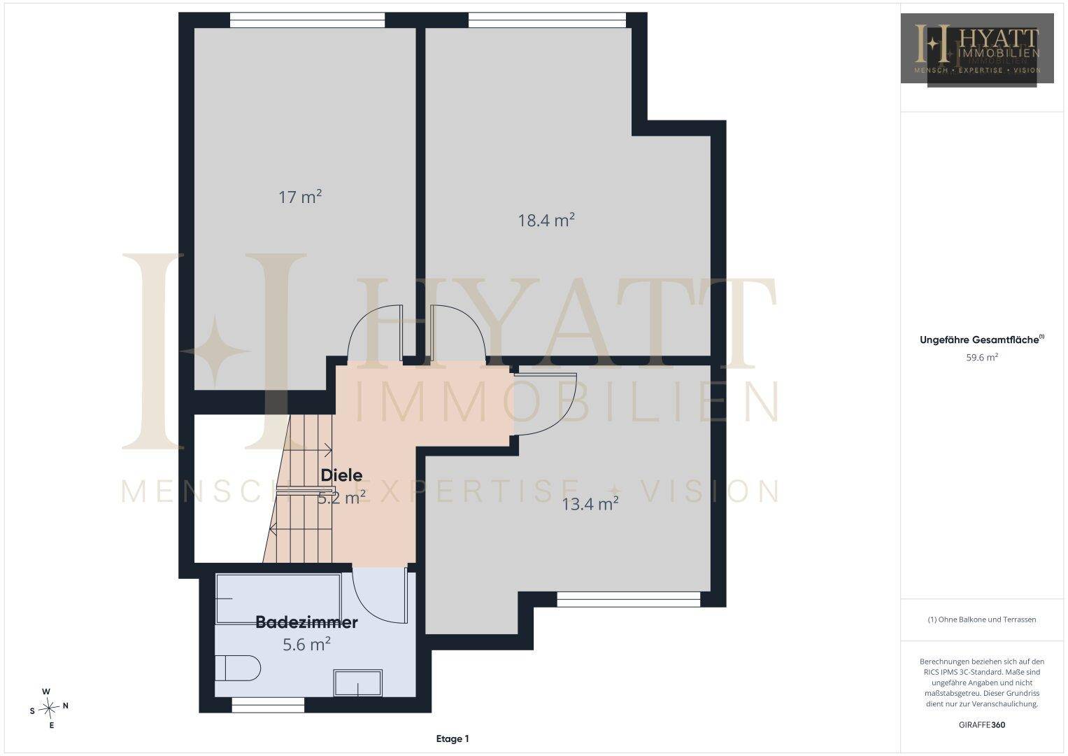 Grundriss der ersten Etage mit zwei Zimmern, Diele und Badezimmer.