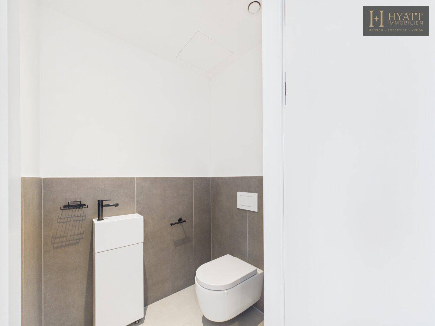 Modernes Gäste-WC mit Wand-WC, kleinem Waschbecken und grauen Fliesen.