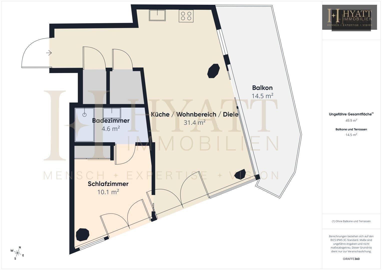 Grundriss einer modernen Wohnung mit offenem Wohnbereich, Schlafzimmer, Badezimmer und großem Balkon.