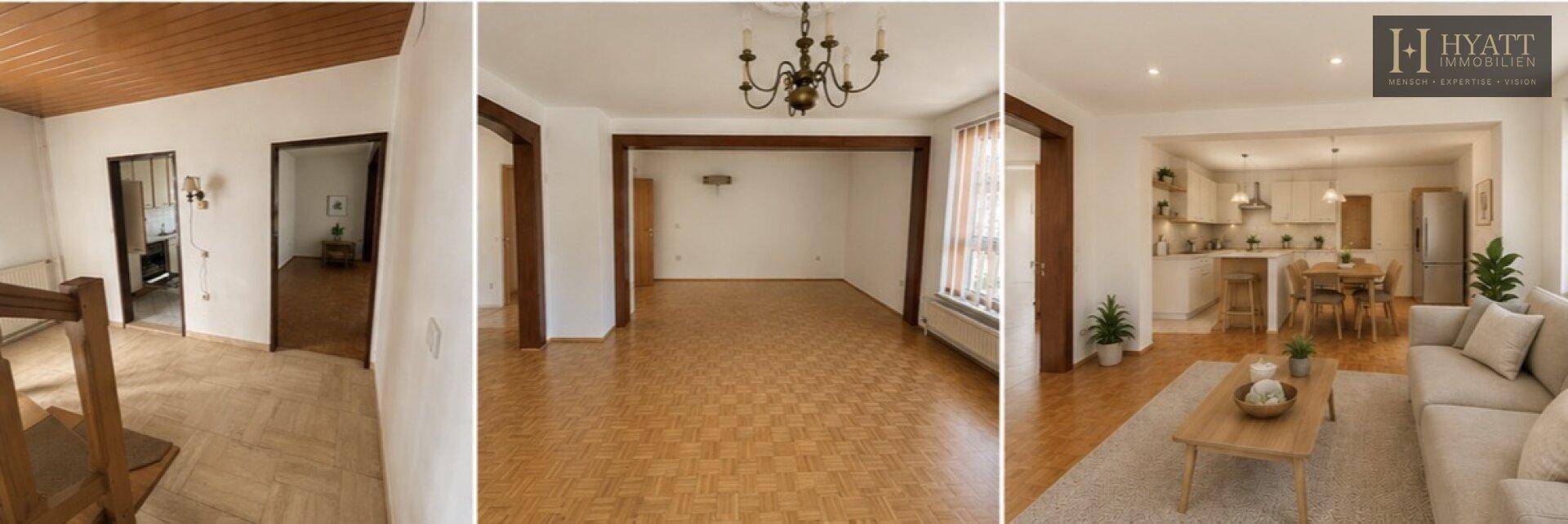 Kombination aus Flur, leerem Zimmer und modernem Wohn-Essbereich mit offener Küche.