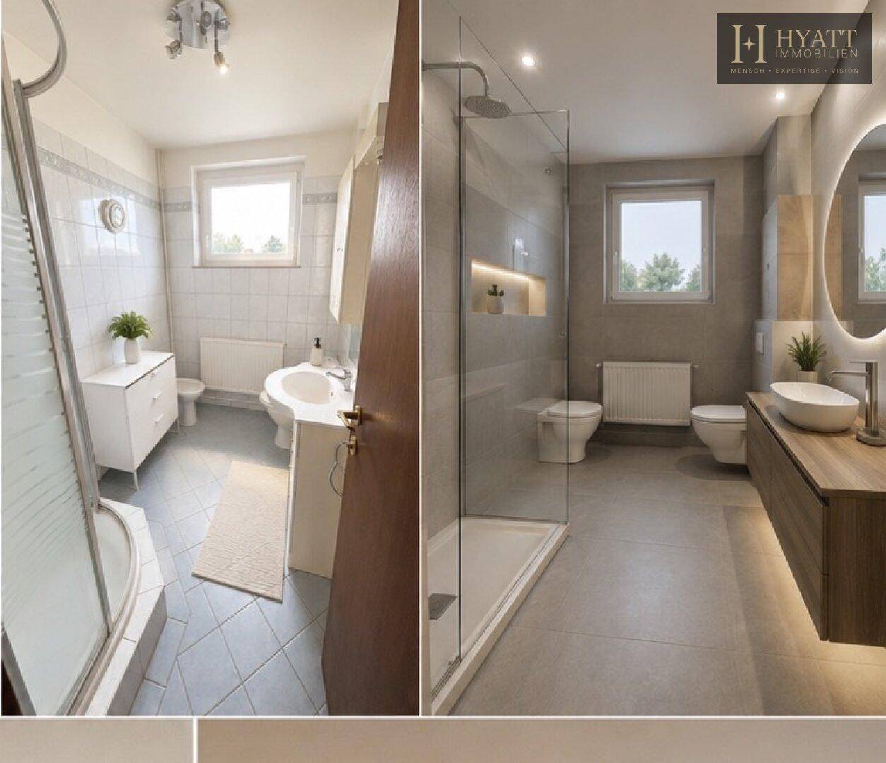 Vergleich zweier Badezimmer: ein älteres mit Eckdusche und ein modernes mit begehbarer Dusche.