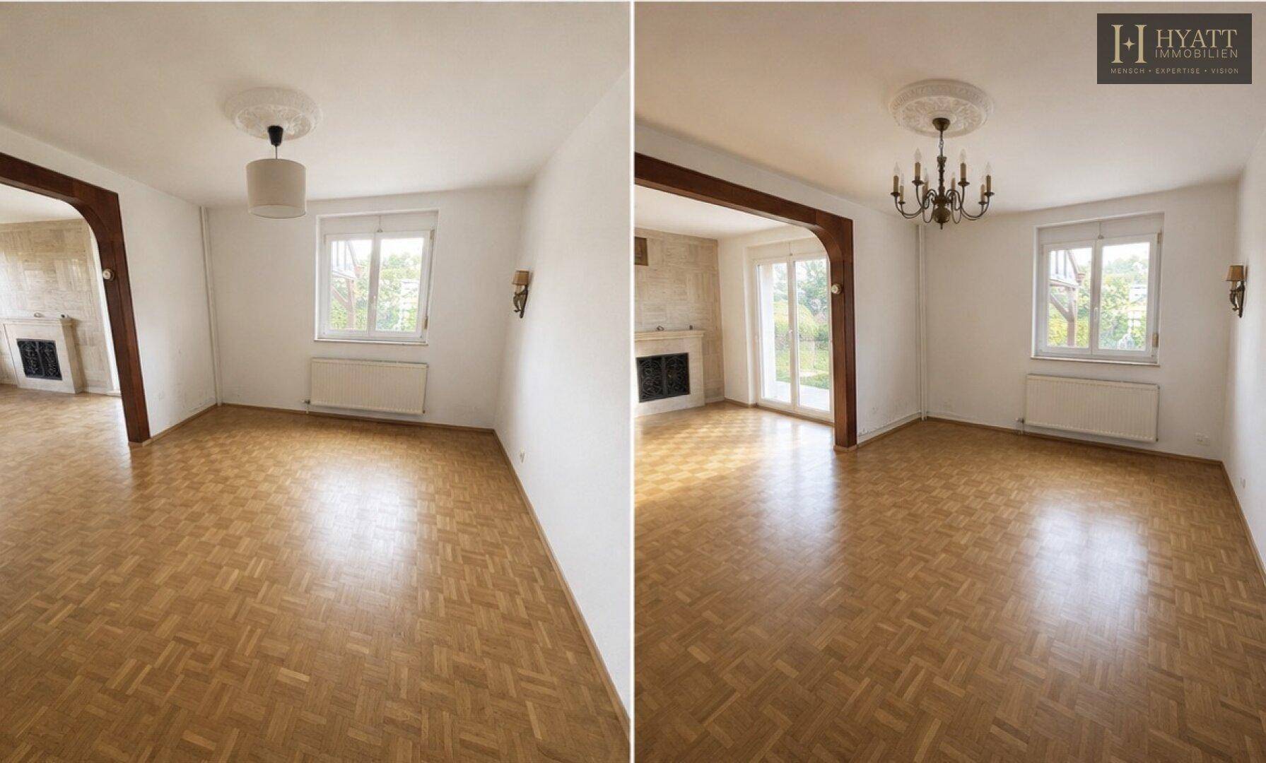 Helles Wohnzimmer mit Parkettboden, Kamin und Zugang zu einem Außenbereich.