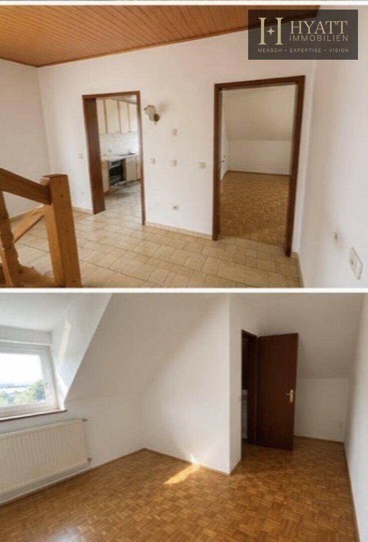 Flur mit Holztreppe und gefliestem Boden sowie ein leerer Raum mit Dachschräge und Parkett.