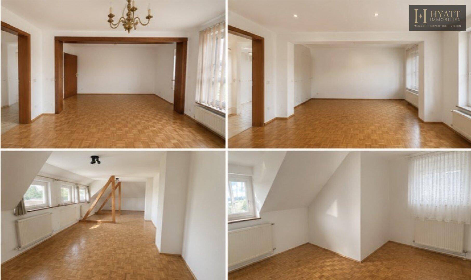 Verschiedene leere Räume mit Parkettboden, weißen Wänden und teilweise Dachschrägen.