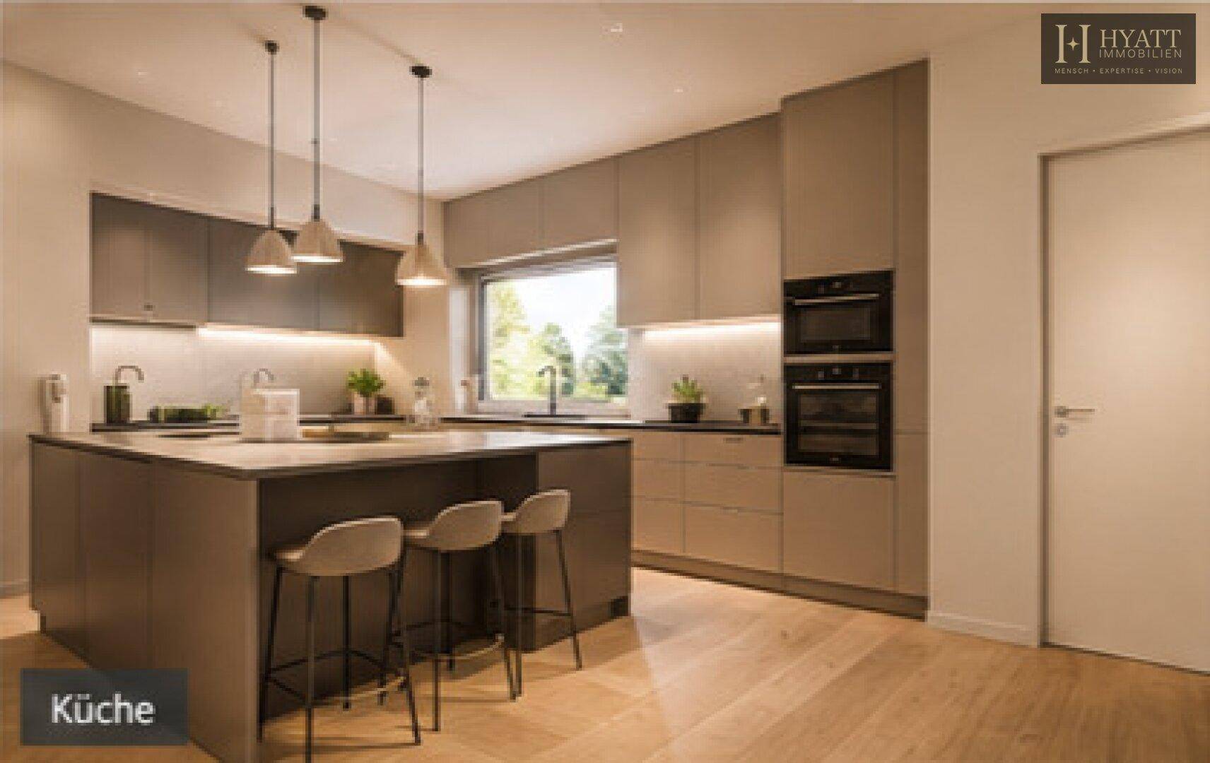 Moderne Einbauküche mit Kücheninsel, integrierten Geräten und Fenster, ideal für geselliges Kochen.
