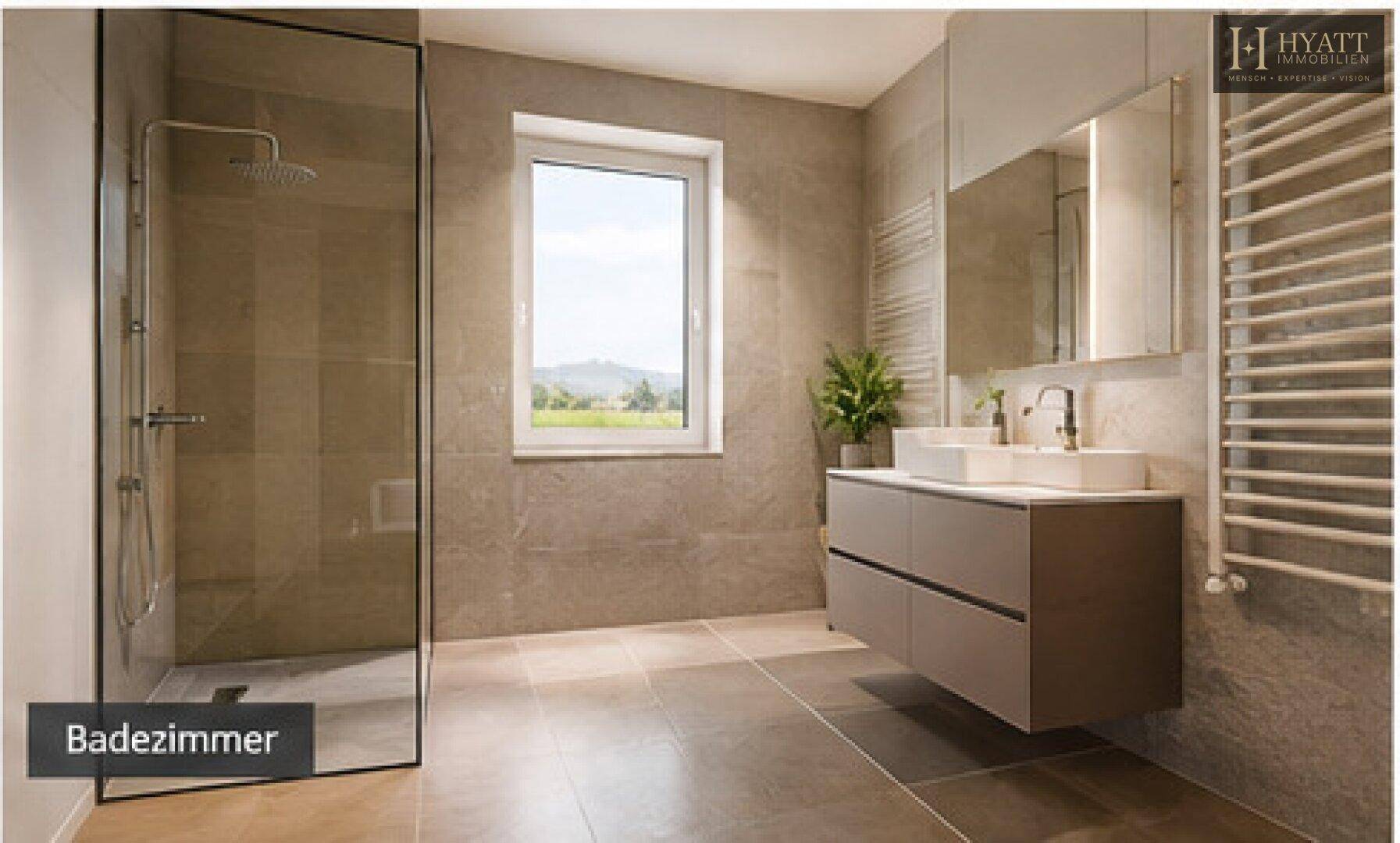 Modernes Badezimmer mit begehbarer Dusche, Doppelwaschbecken und Fenster mit weitem Ausblick.