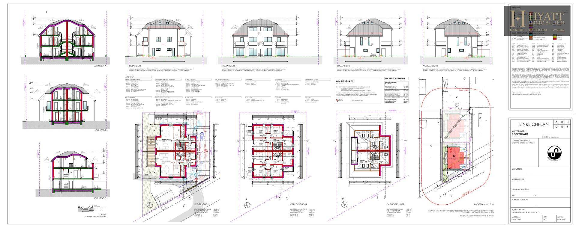Detaillierte architektonische Pläne und Grundrisse der Immobilie mit verschiedenen Ansichten.