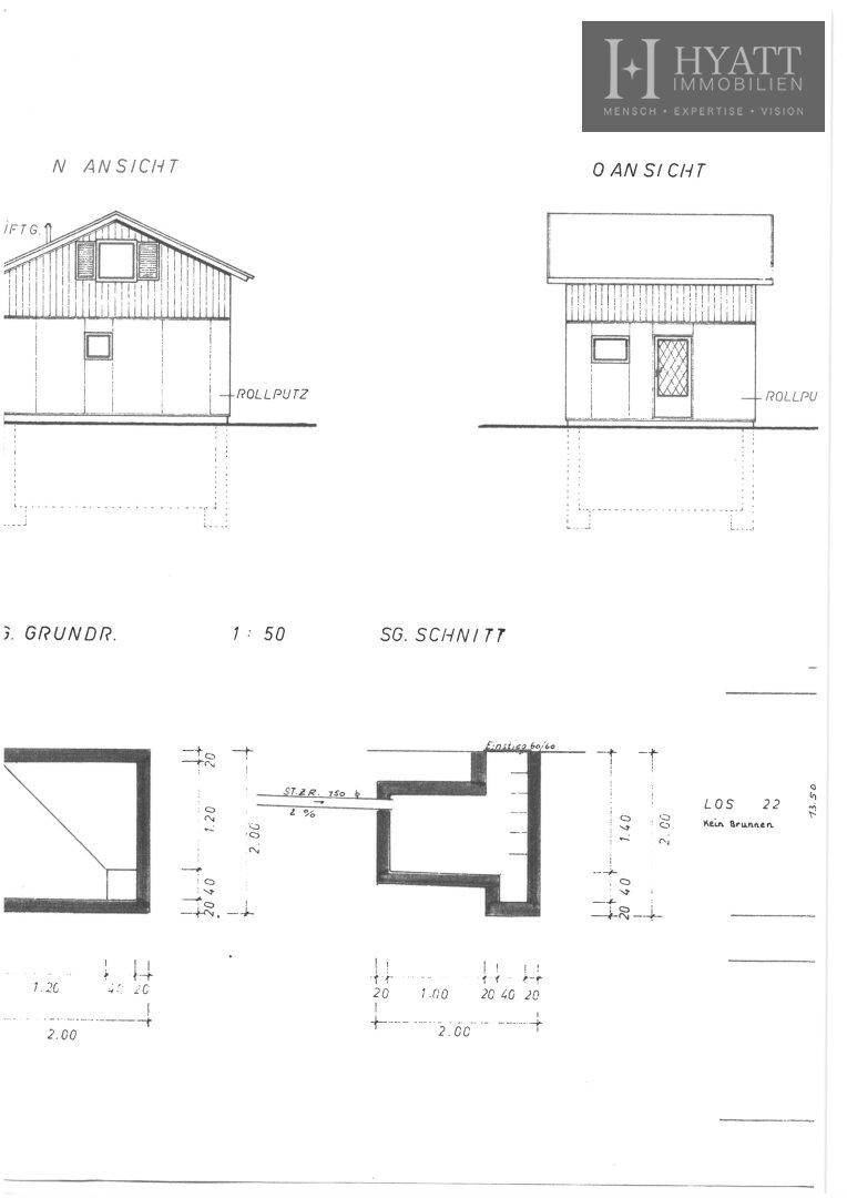 Ansichten des Hauses von Norden und Osten sowie ein Detailplan des Kellerbereichs.
