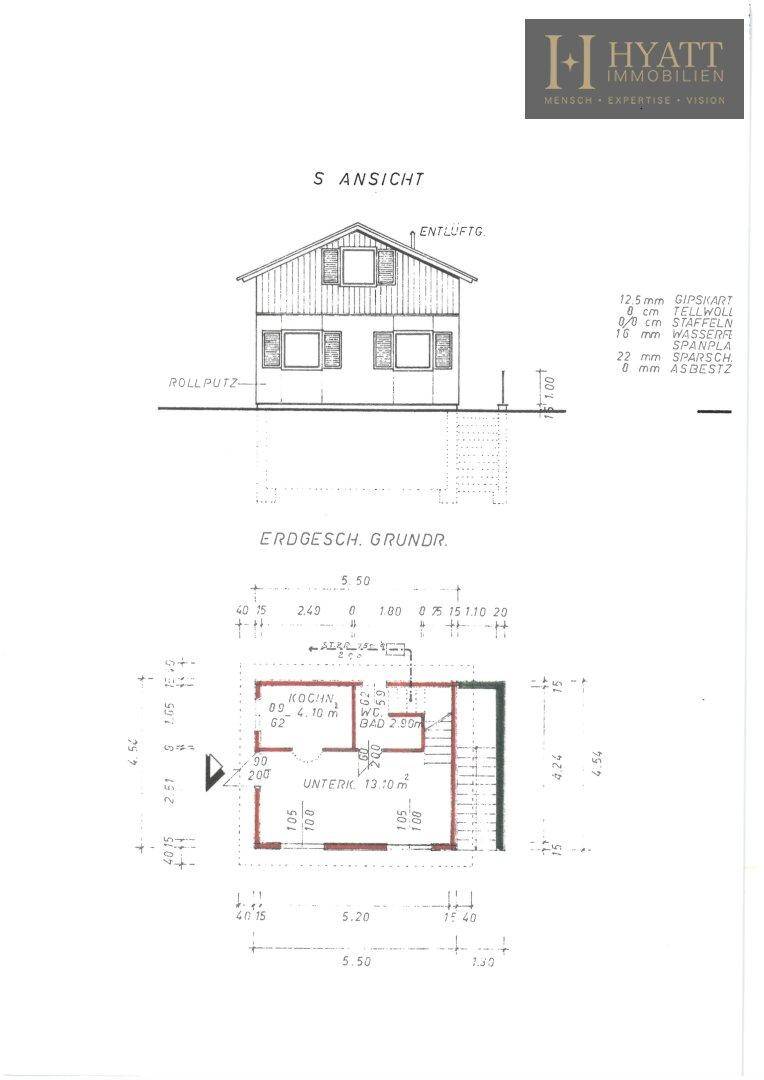 Grundriss des Erdgeschosses und Ansicht des Hauses mit Maßen und Raumaufteilung.