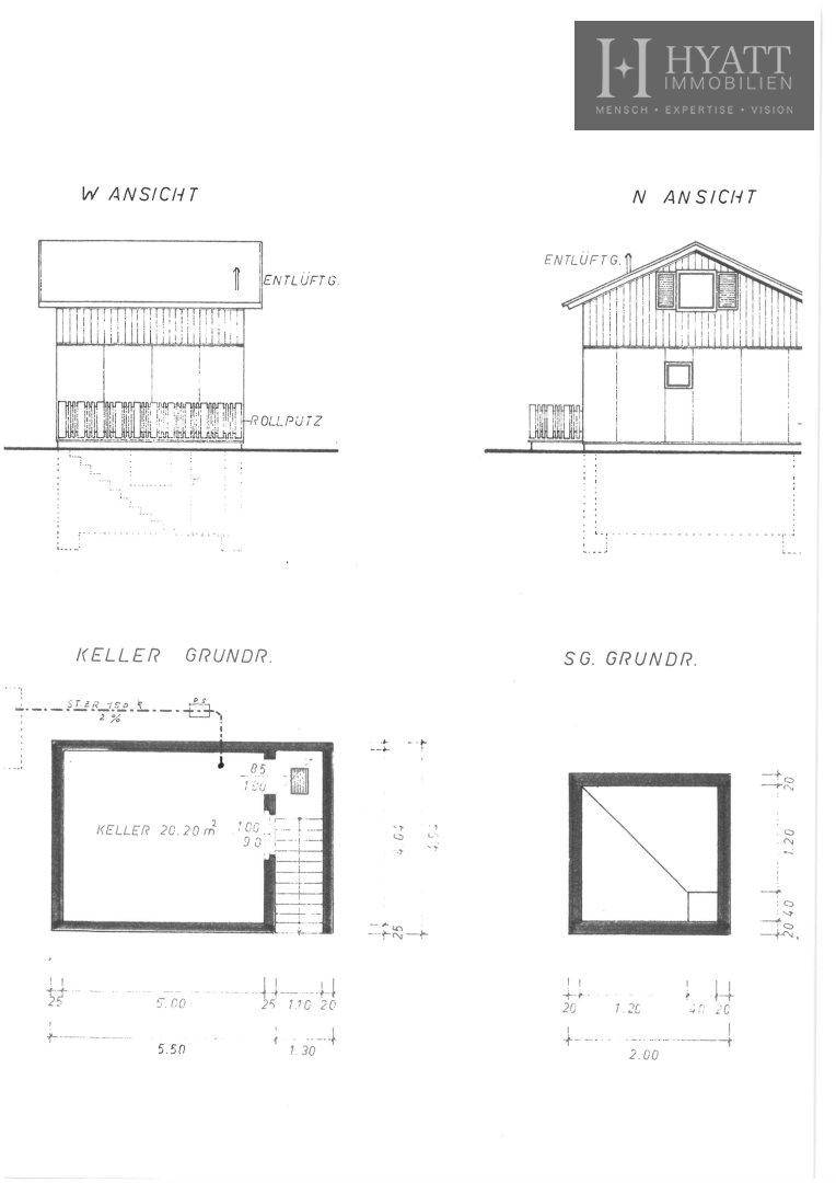 Ansichten des Hauses von Westen und Norden sowie Grundriss des Kellergeschosses.