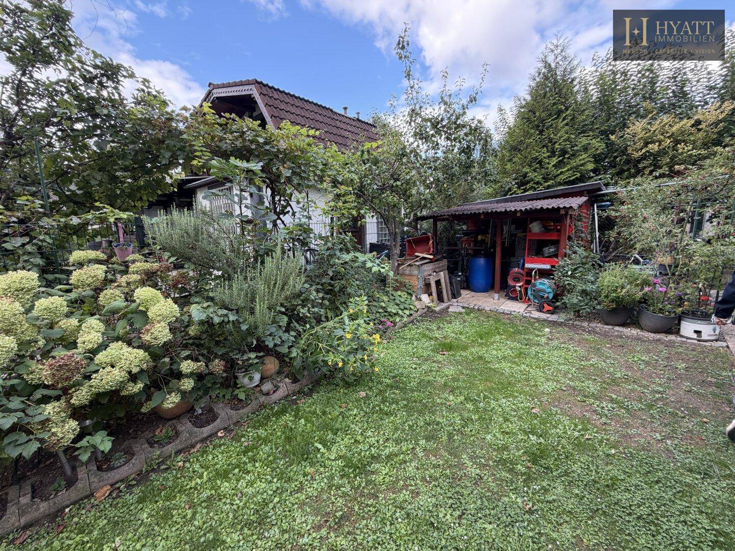 Üppiger Garten mit verschiedenen Pflanzen und einem kleinen Geräteschuppen.
