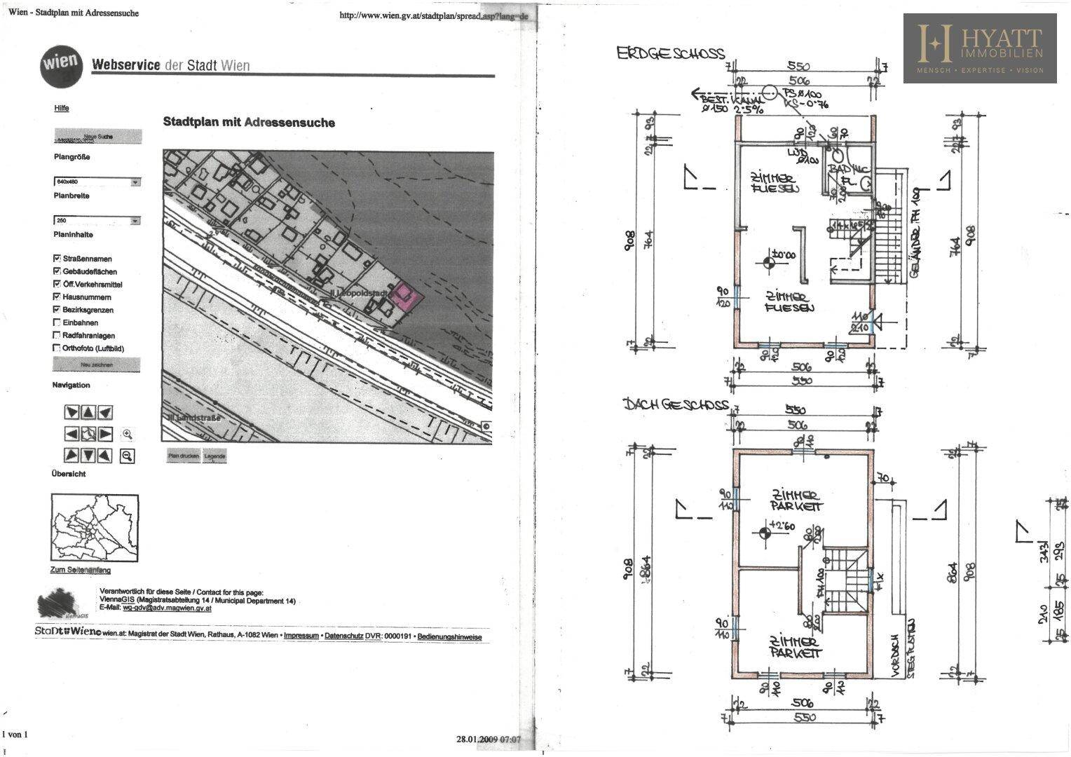 Grundrisse für Erdgeschoss und Dachgeschoss mit Zimmeraufteilung und einem Stadtplanausschnitt.