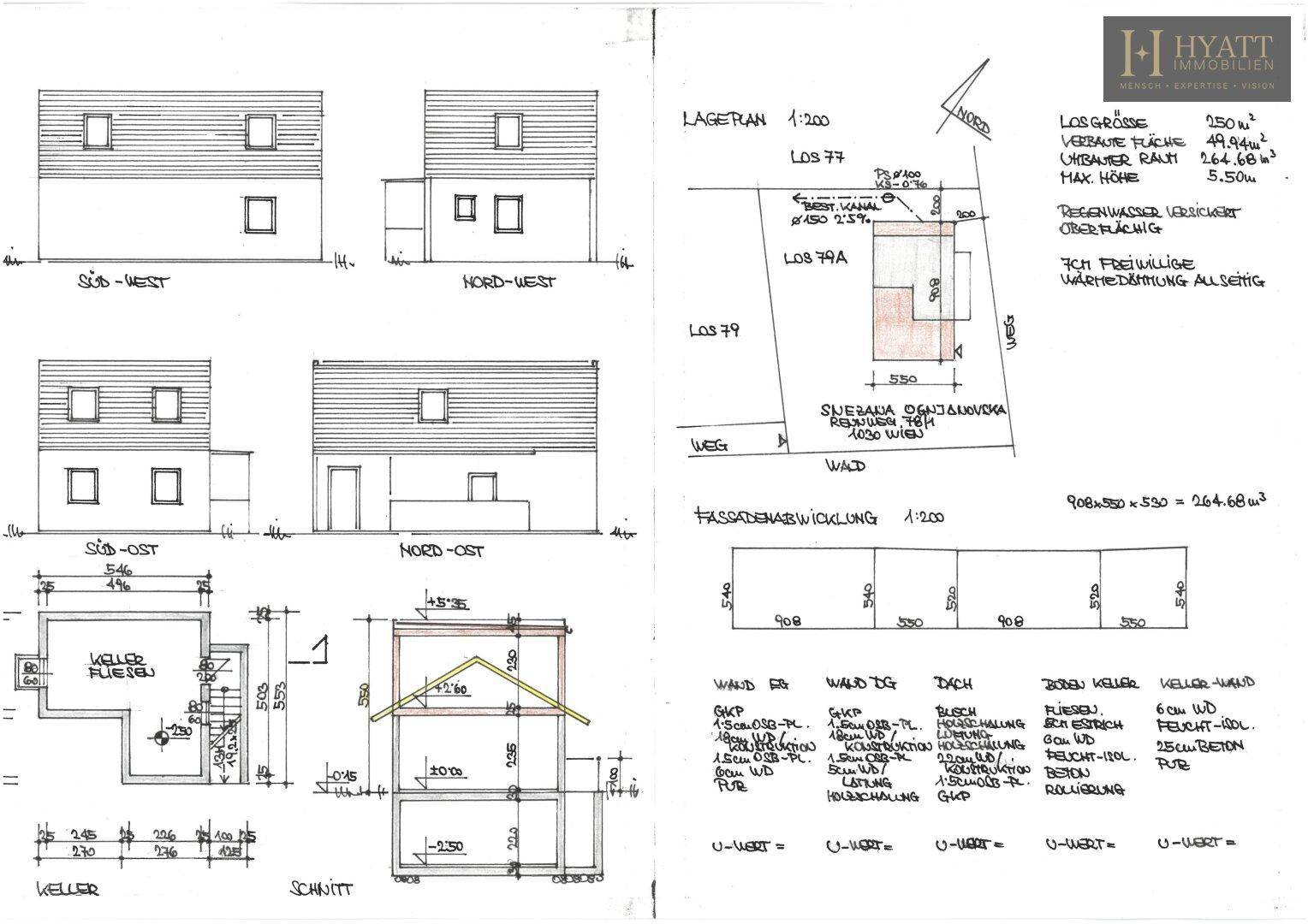Architektonische Zeichnungen mit Fassadenansichten, Schnitt und Kellergrundriss eines Gebäudes.