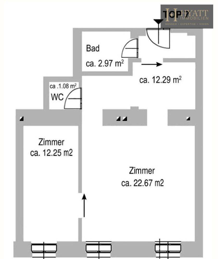 Grundriss zeigt die Aufteilung der Zimmer, Bad und WC mit Flächenangaben.