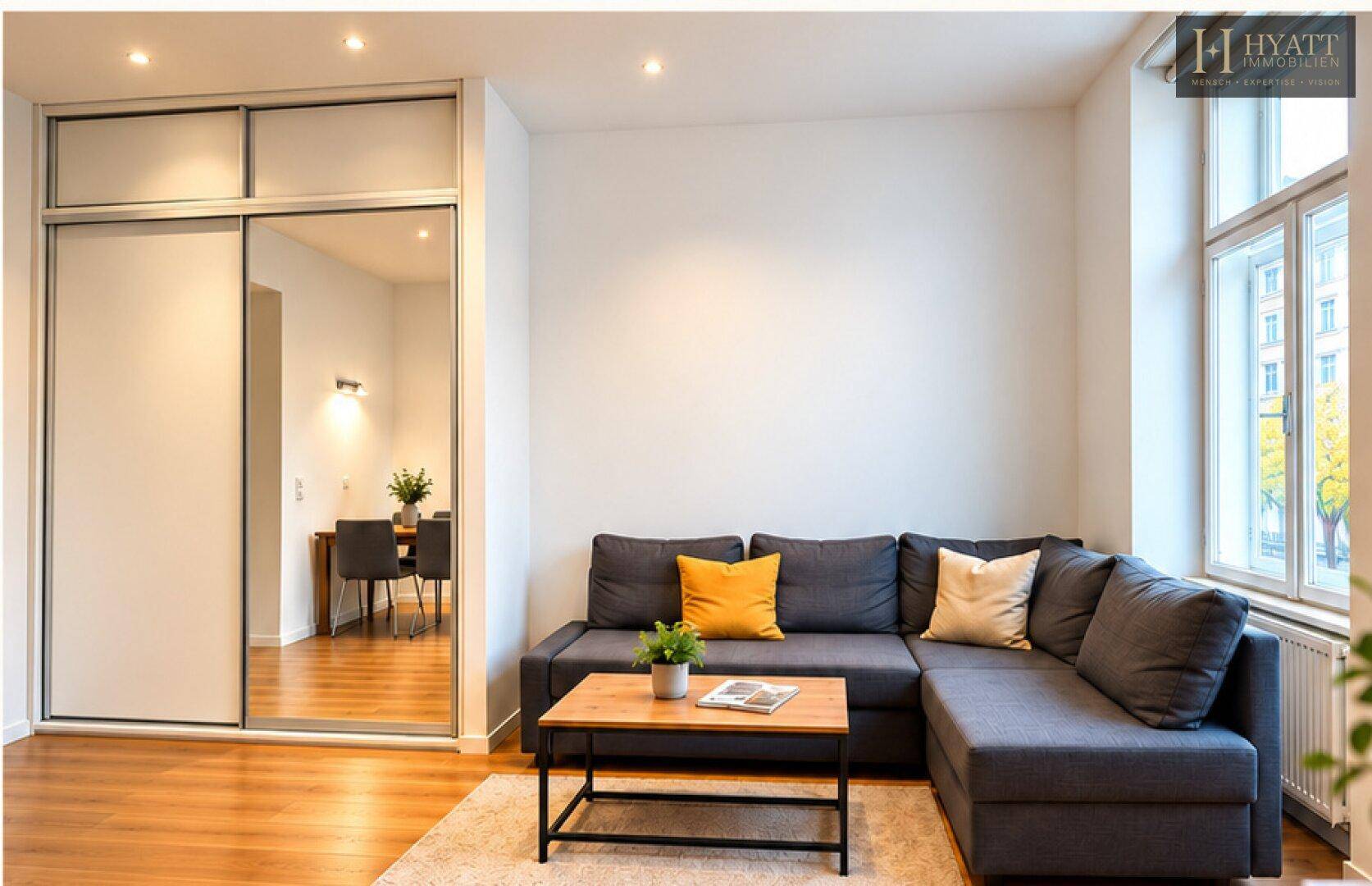 Heller Wohnbereich mit Ecksofa, Couchtisch und einem großen Spiegel, der den Raum optisch vergrößert.