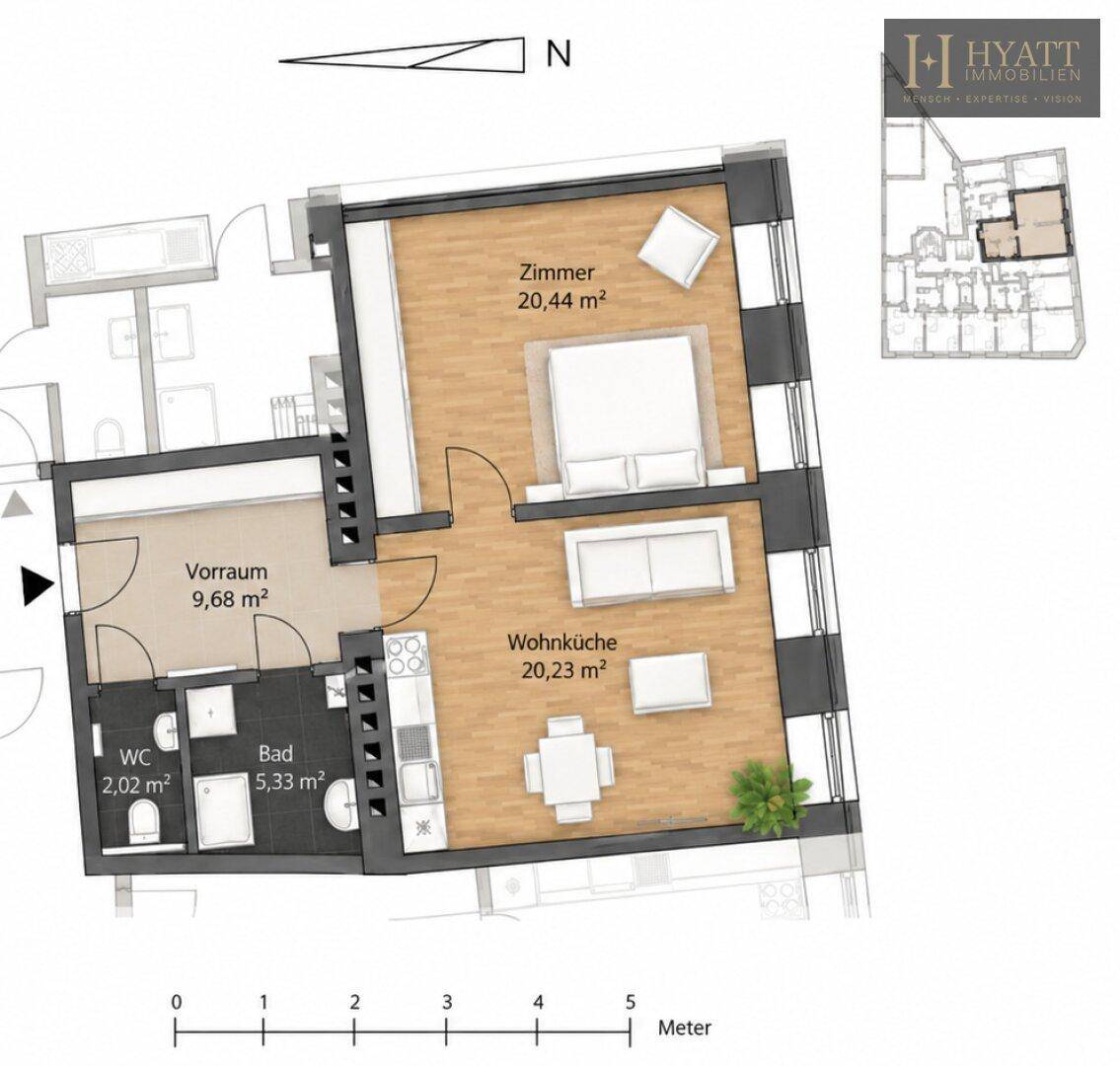 Detaillierter Grundriss einer Wohnung mit separatem Schlafzimmer, Wohnküche, Bad und WC.