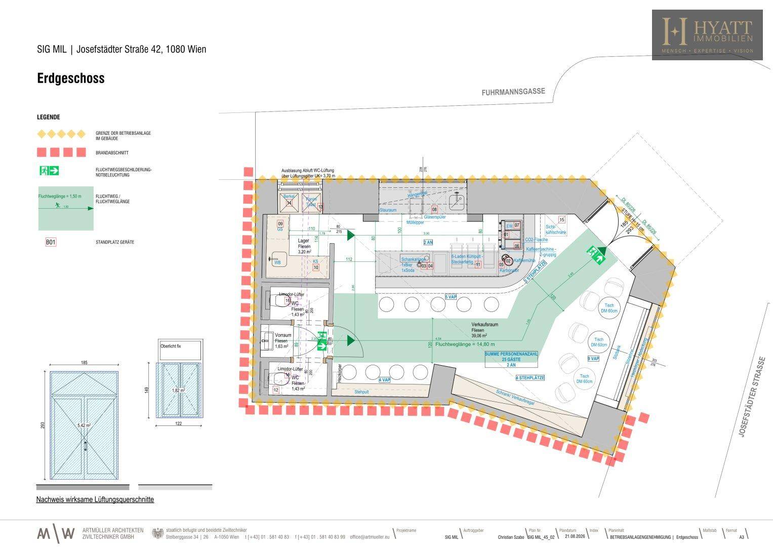 Detaillierter Grundriss des Erdgeschosses mit Verkaufsraum, Lager und Sanitäranlagen.