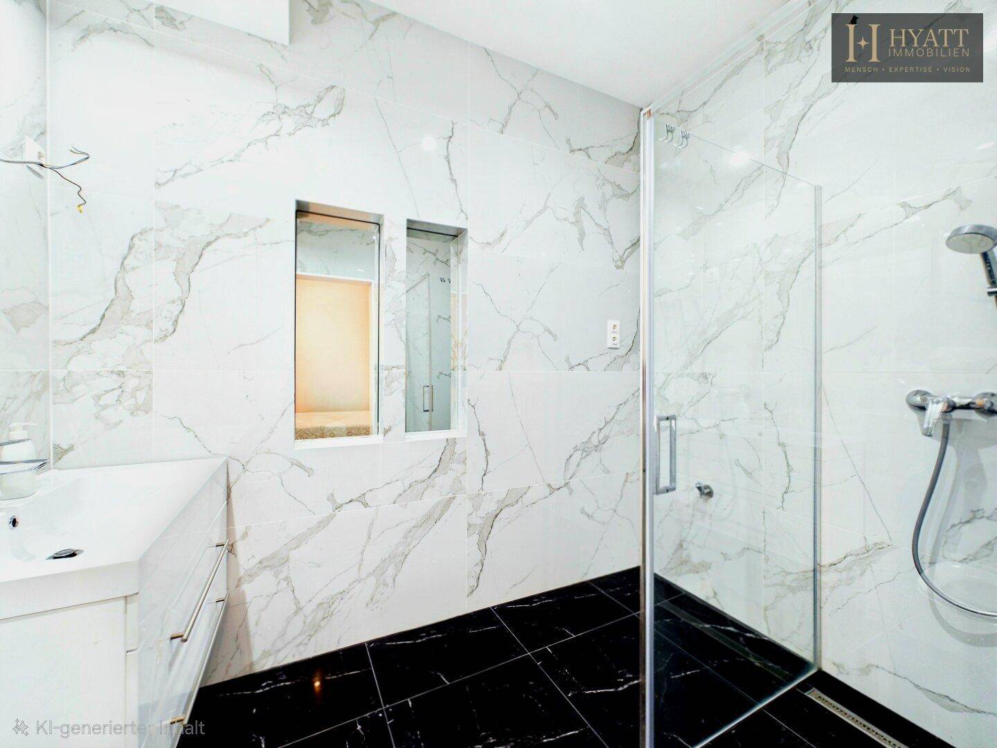 Modernes Badezimmer mit Marmorfliesen, schwarzem Boden und geräumiger Glasdusche.