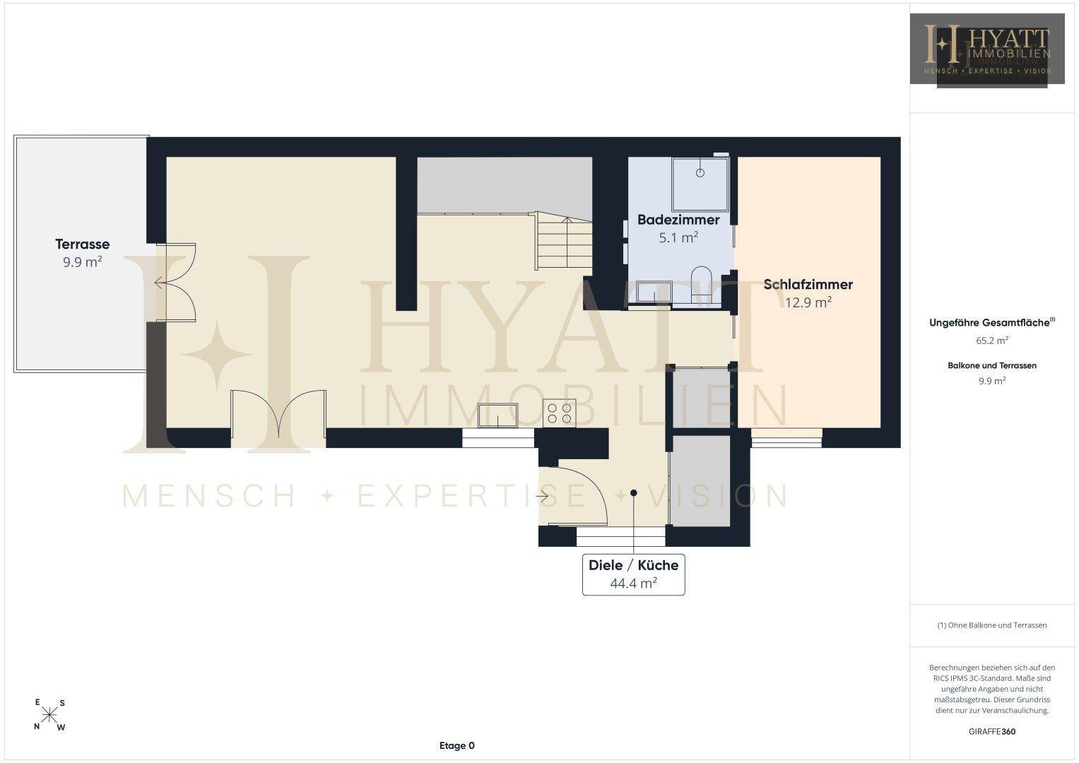 Grundriss der Etage 0 mit Diele/Küche, Schlafzimmer, Badezimmer und einer Terrasse.