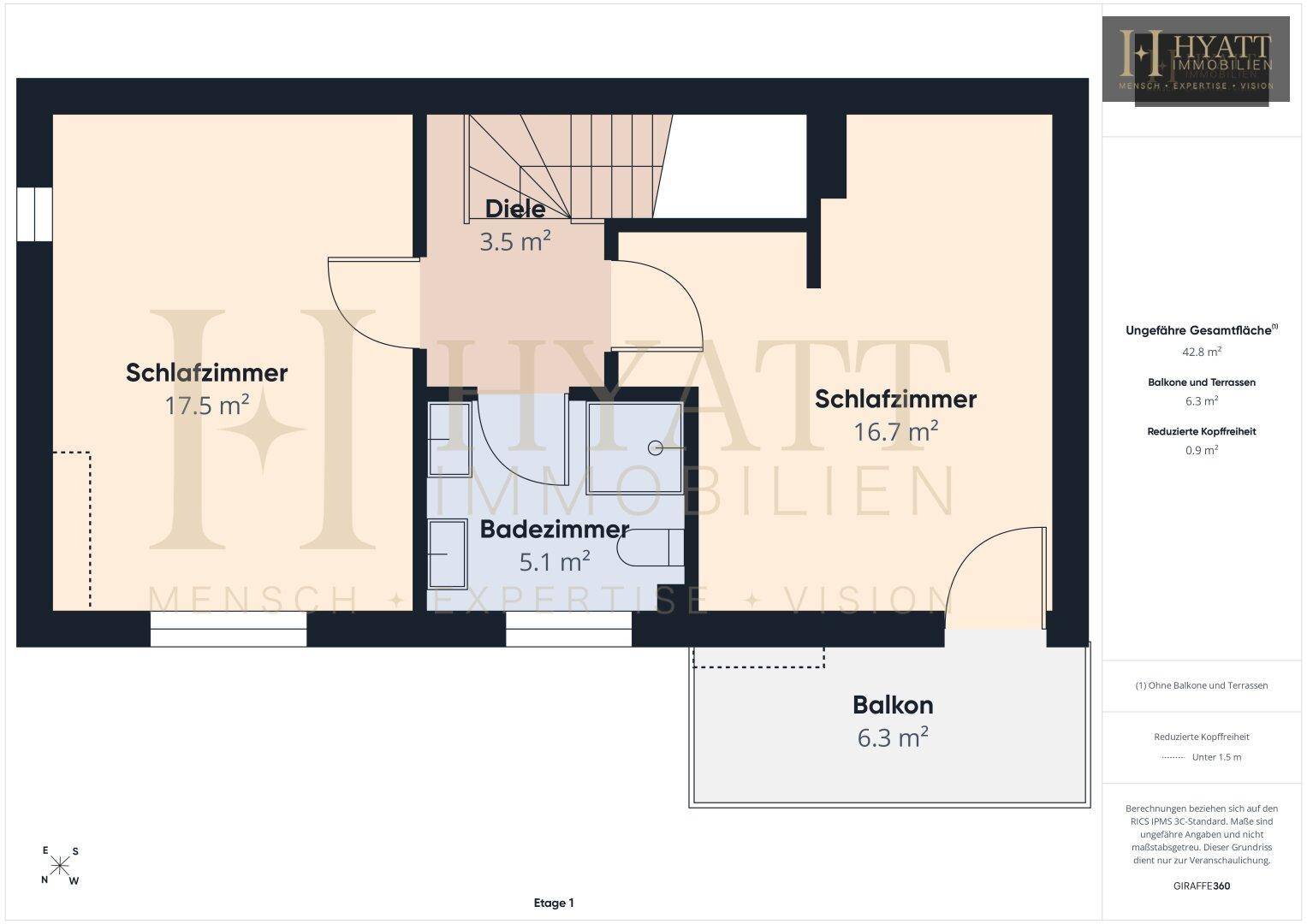 Grundriss der Etage 1 mit zwei Schlafzimmern, Badezimmer, Diele und einem Balkon.