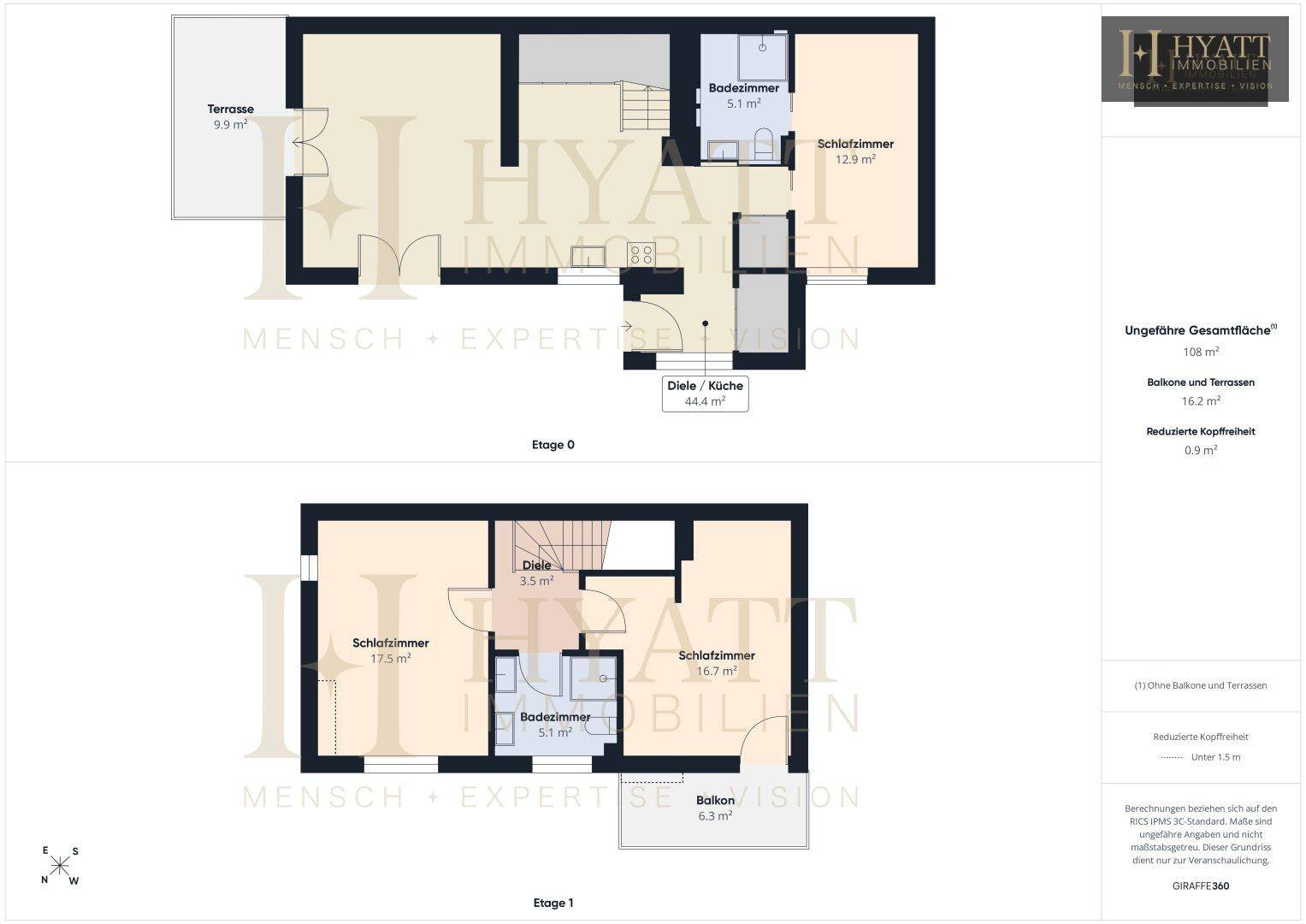 Gesamtgrundriss der Etagen 0 und 1 mit Schlafzimmern, Bädern, Küche, Terrasse und Balkon.
