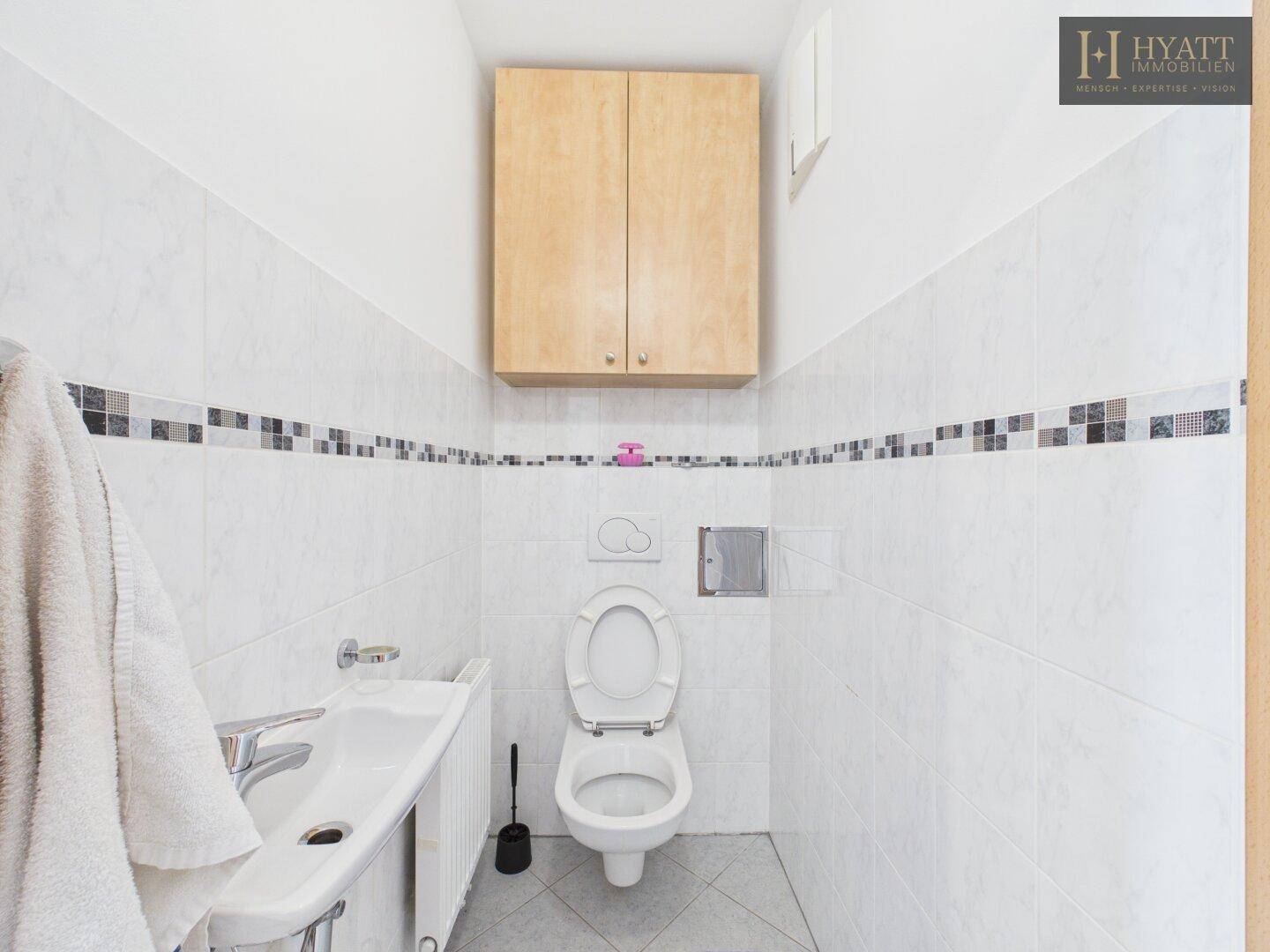 Kleines Gäste-WC mit Wand-WC, Waschbecken und dekorativen Fliesen.