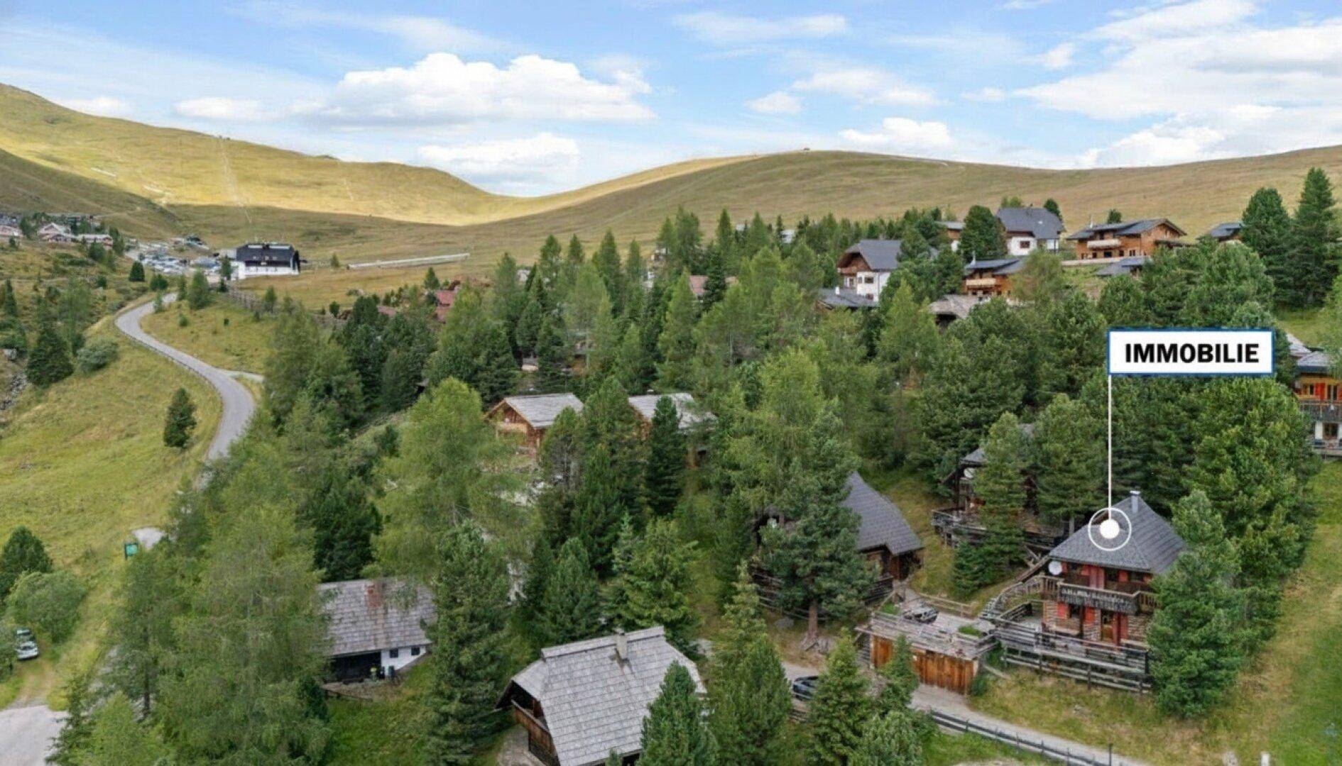 Luftaufnahme der Immobilie in einer malerischen Berglandschaft, umgeben von Wäldern und Natur.