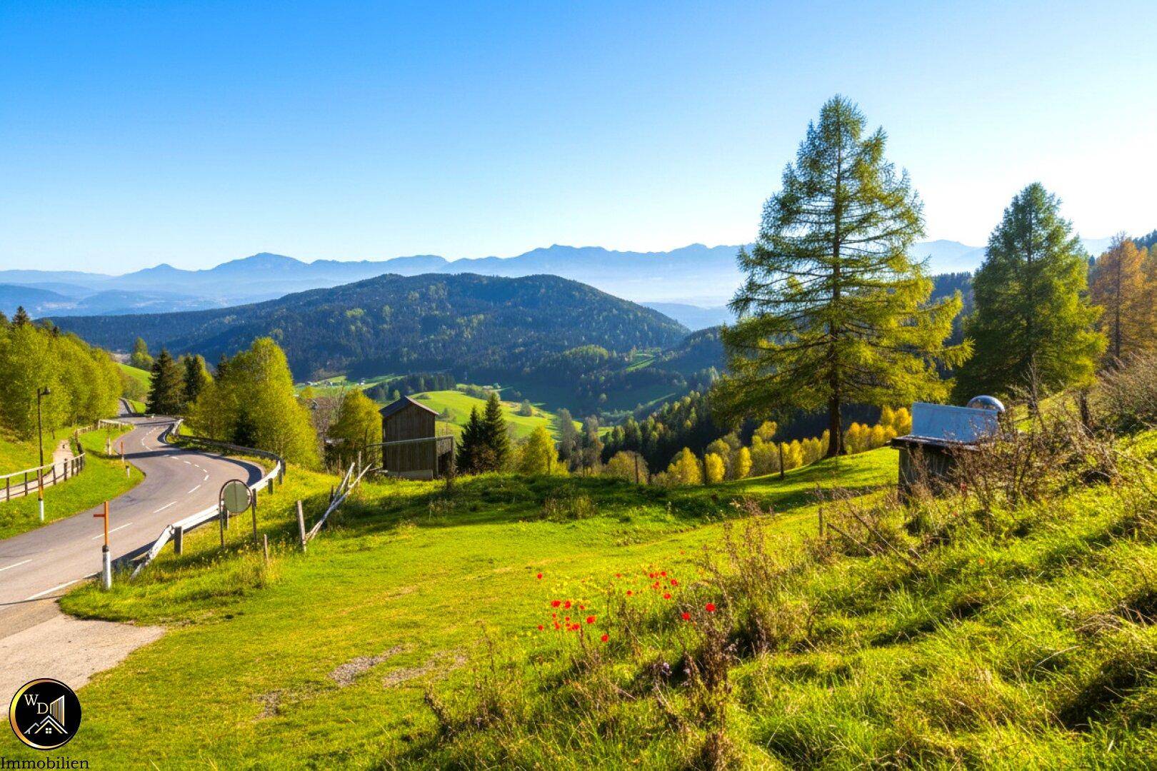 Panoramablick auf eine kurvenreiche Landstraße durch grüne Hügel mit fernen Bergen unter klarem Himmel.