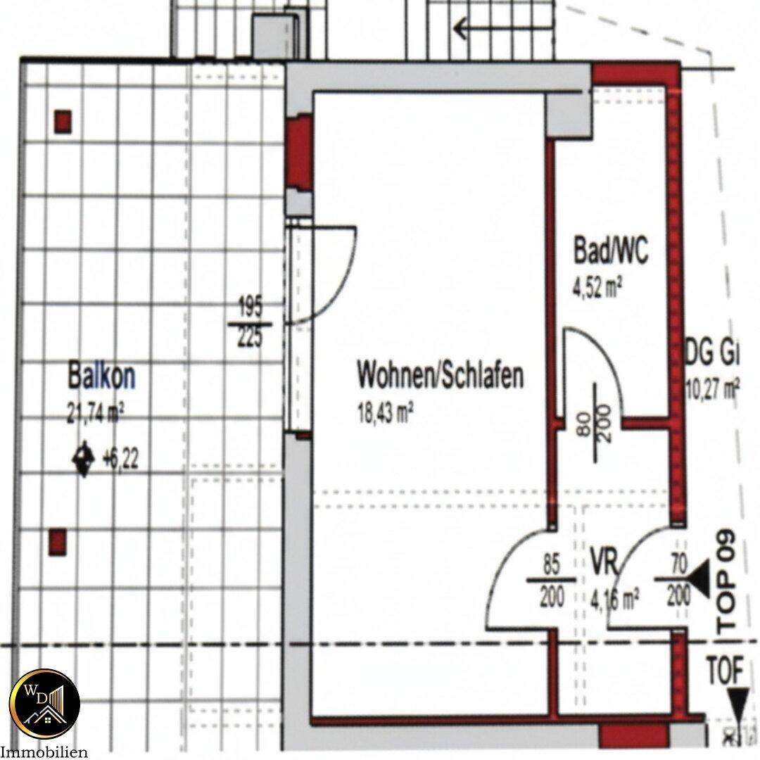 Grundriss von Top 09 mit kombiniertem Wohn-/Schlafbereich, Bad und großem Balkon.