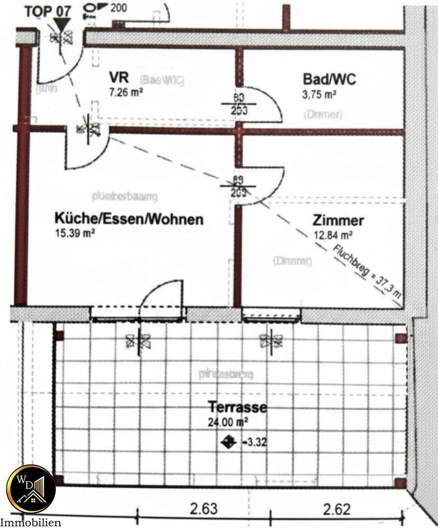 Grundriss von TOP 07 mit offenem Wohnbereich, Zimmer, Bad und großer Terrasse.