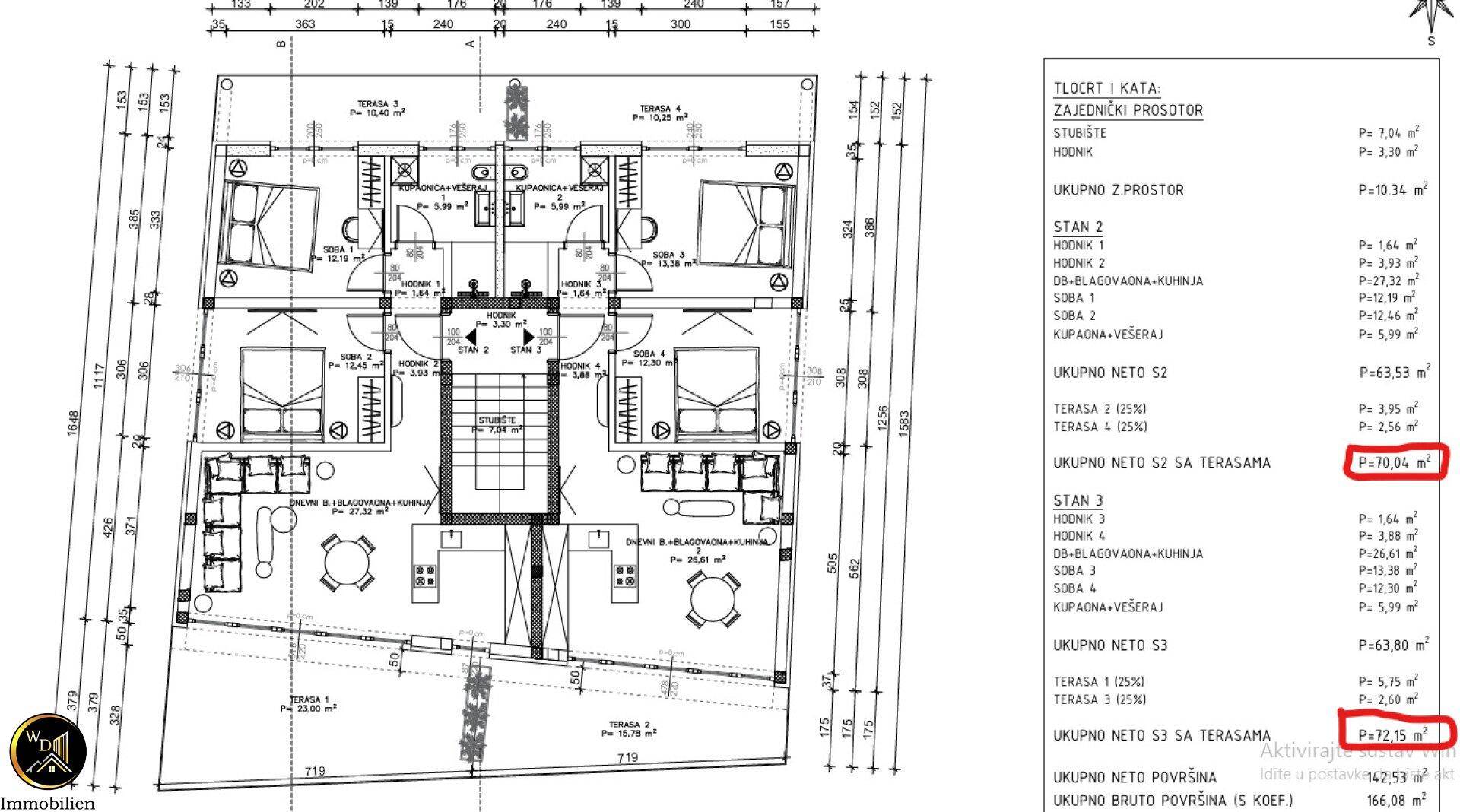 Grundrissplan einer Etage mit zwei Wohneinheiten, Terrassen und Raumaufteilung.